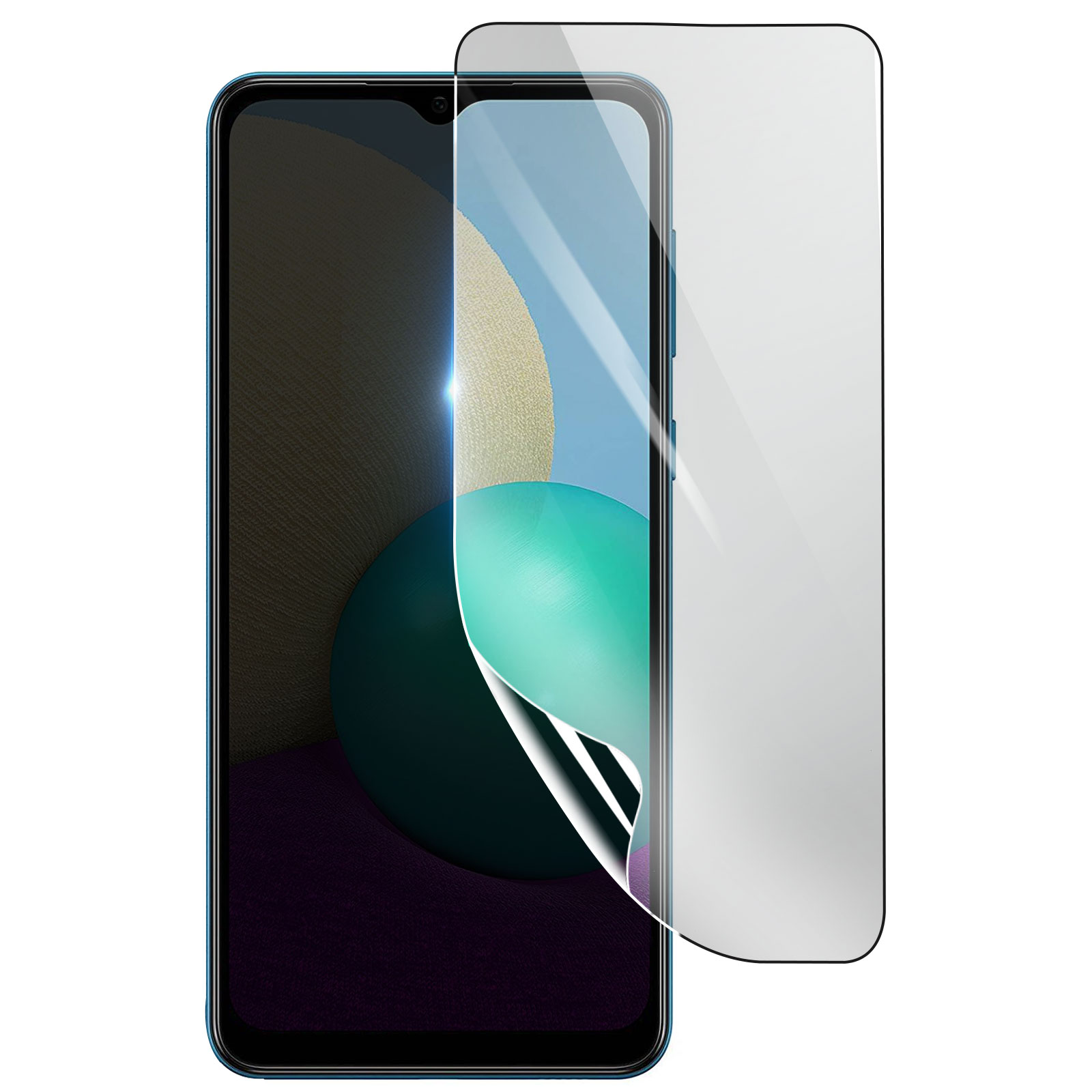 Uno schermo del telefono con una protezione per lo schermo che viene rimossa. Il telefono ha uno schermo nero e una cornice blu.