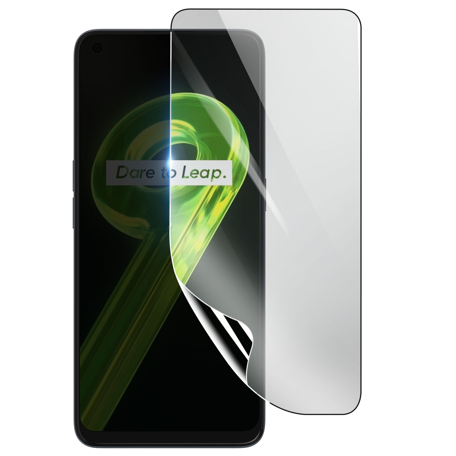 Uno smartphone con una protezione per lo schermo che viene rimossa. Lo schermo mostra un design verde con la scritta 'Dare to Leap'.
