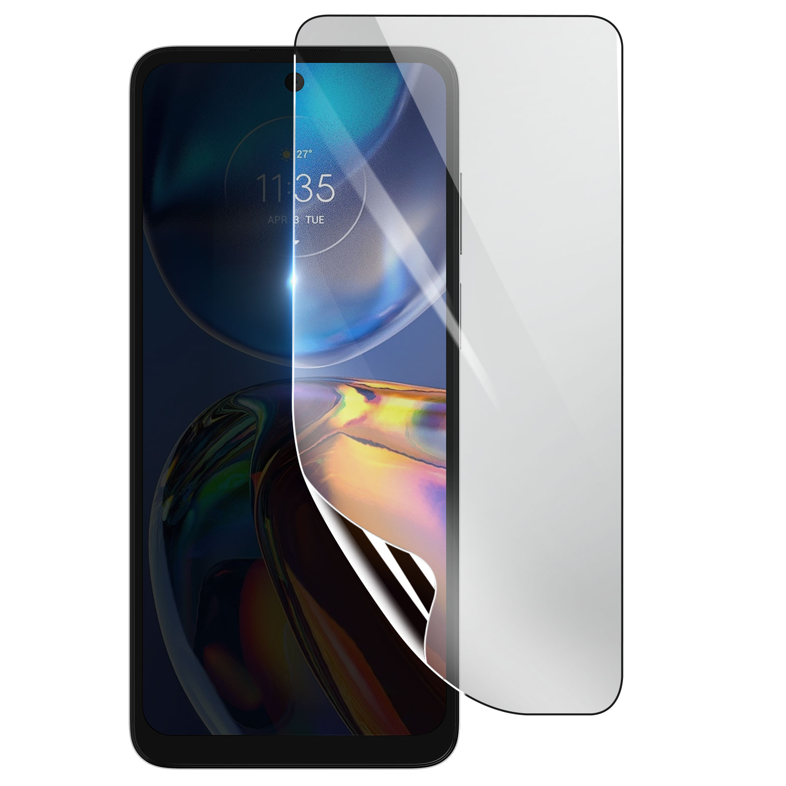 Uno smartphone con una protezione per lo schermo applicata. La protezione è parzialmente staccata, rivelando lo schermo.