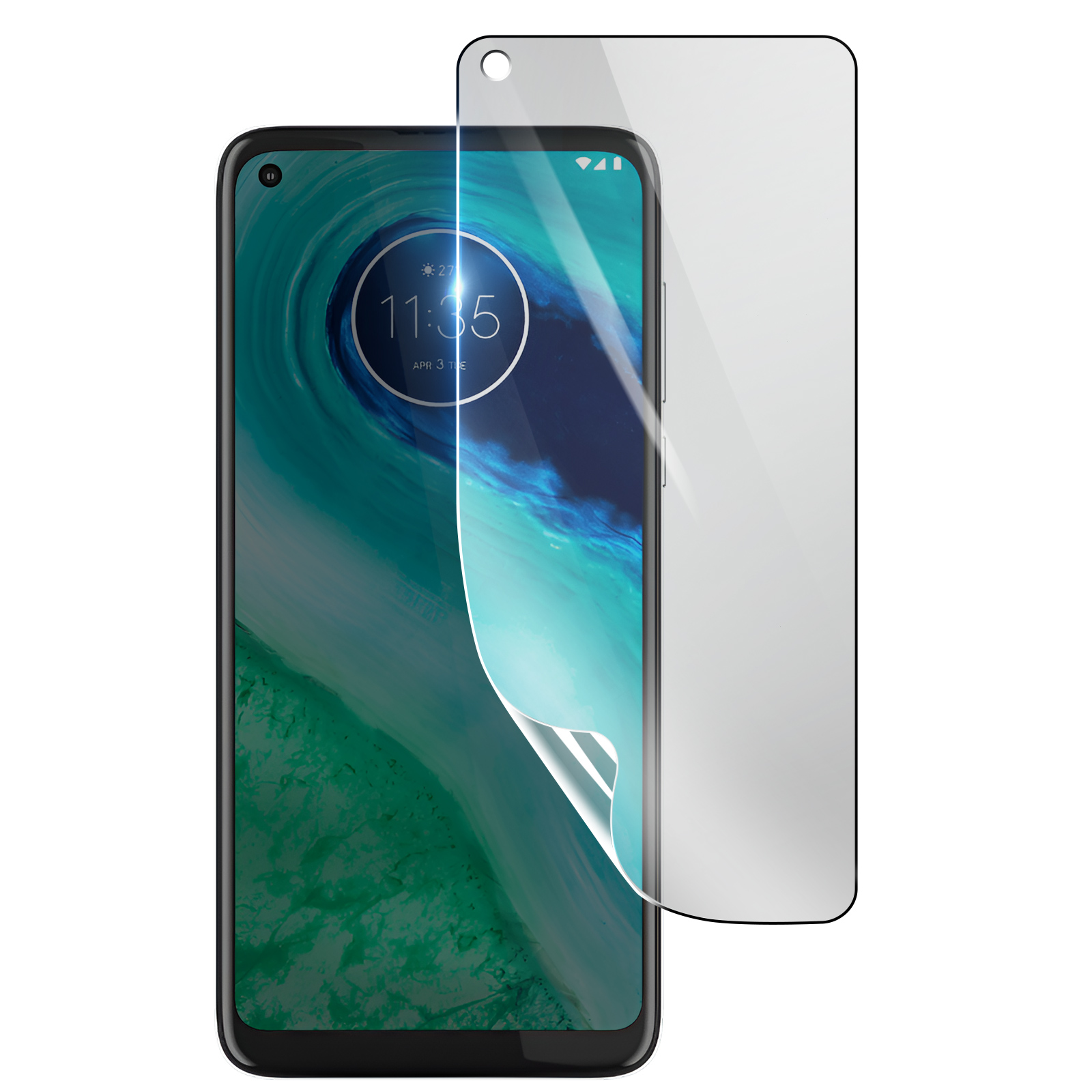 Uno smartphone con una protezione per lo schermo in applicazione. Lo schermo mostra ora e data.