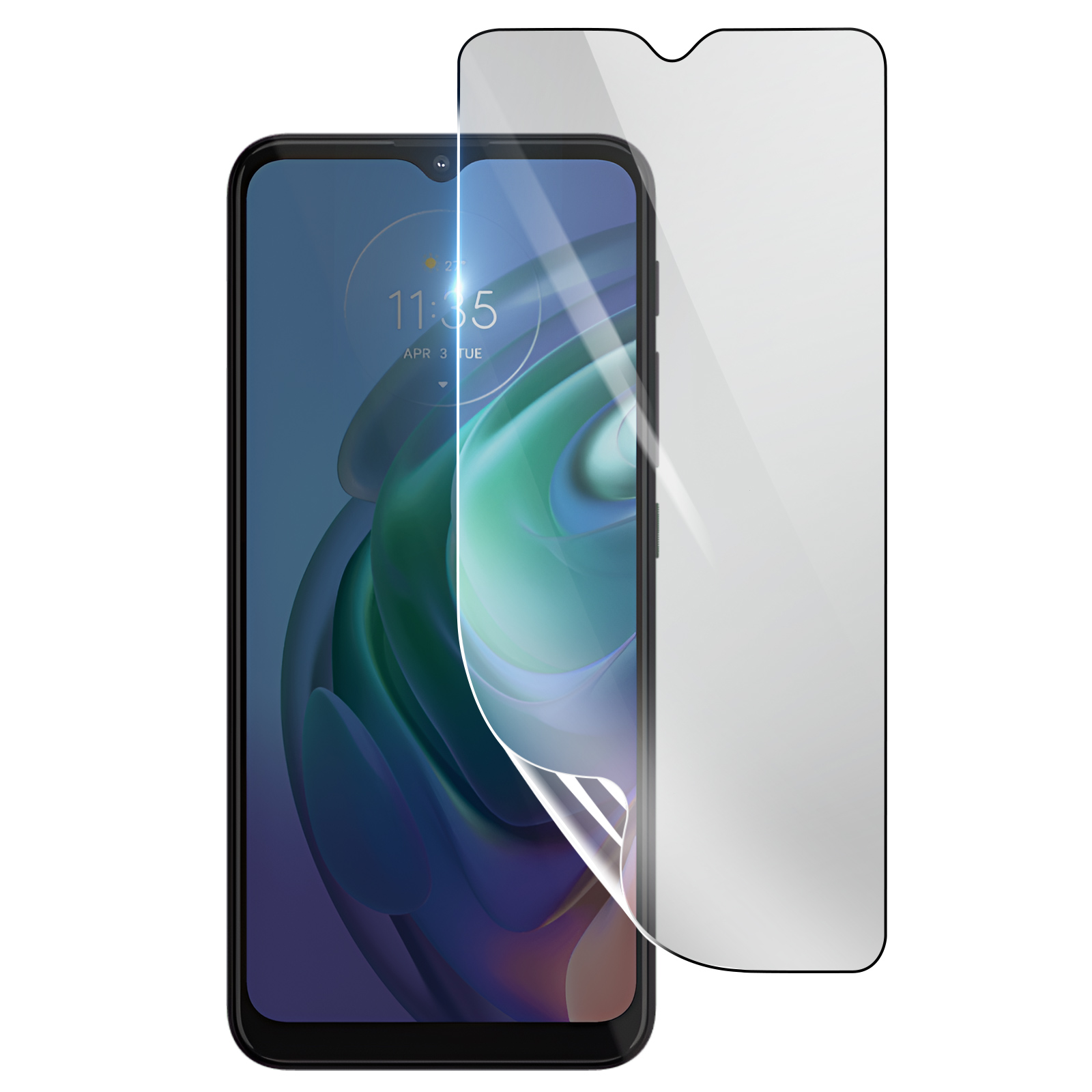 Uno smartphone con un proteggi schermo in fase di applicazione. Il telefono mostra l'ora e la data. Il proteggi schermo è trasparente.