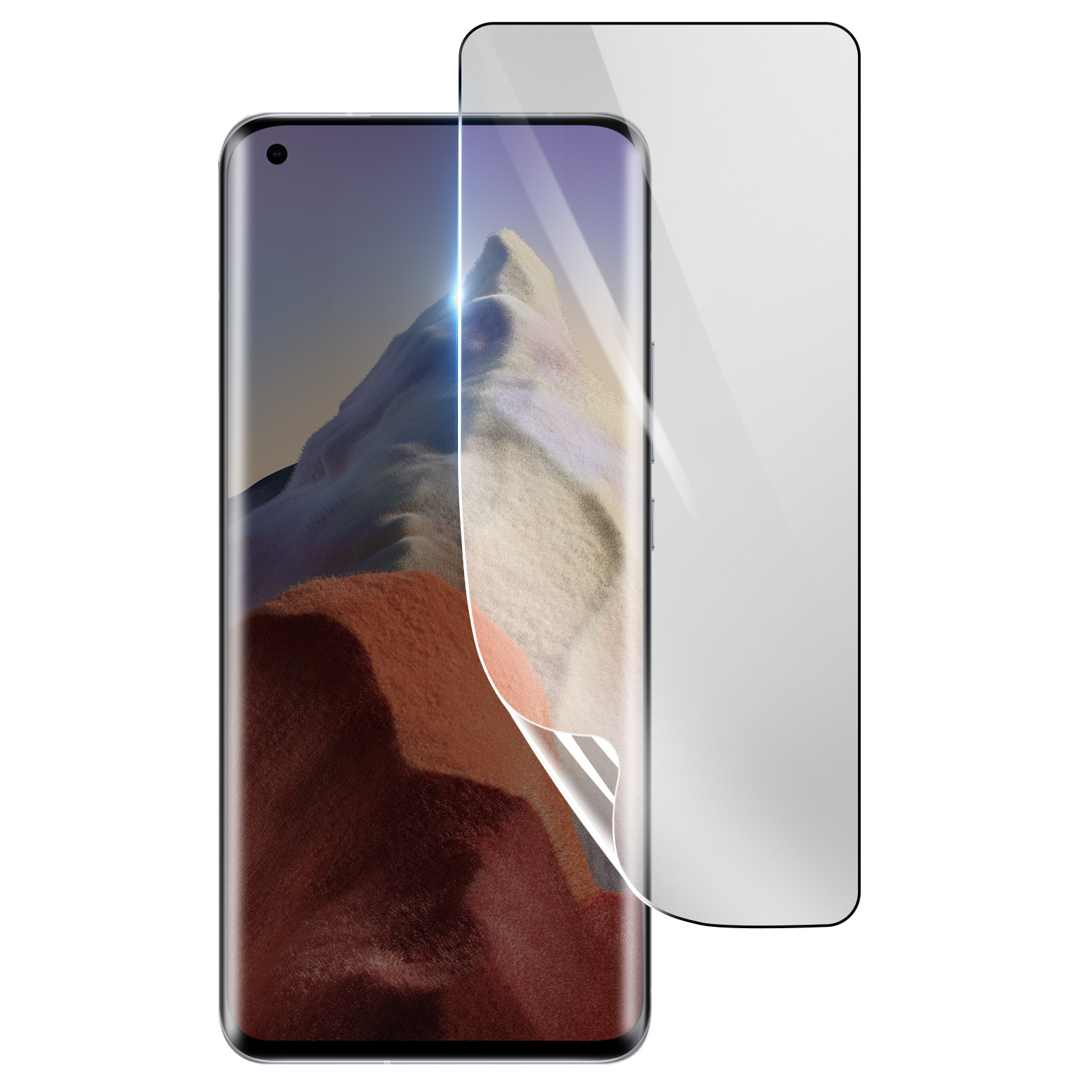 Uno smartphone con una protezione per lo schermo applicata. Il telefono mostra una scena di montagna. La protezione è parzialmente staccata.