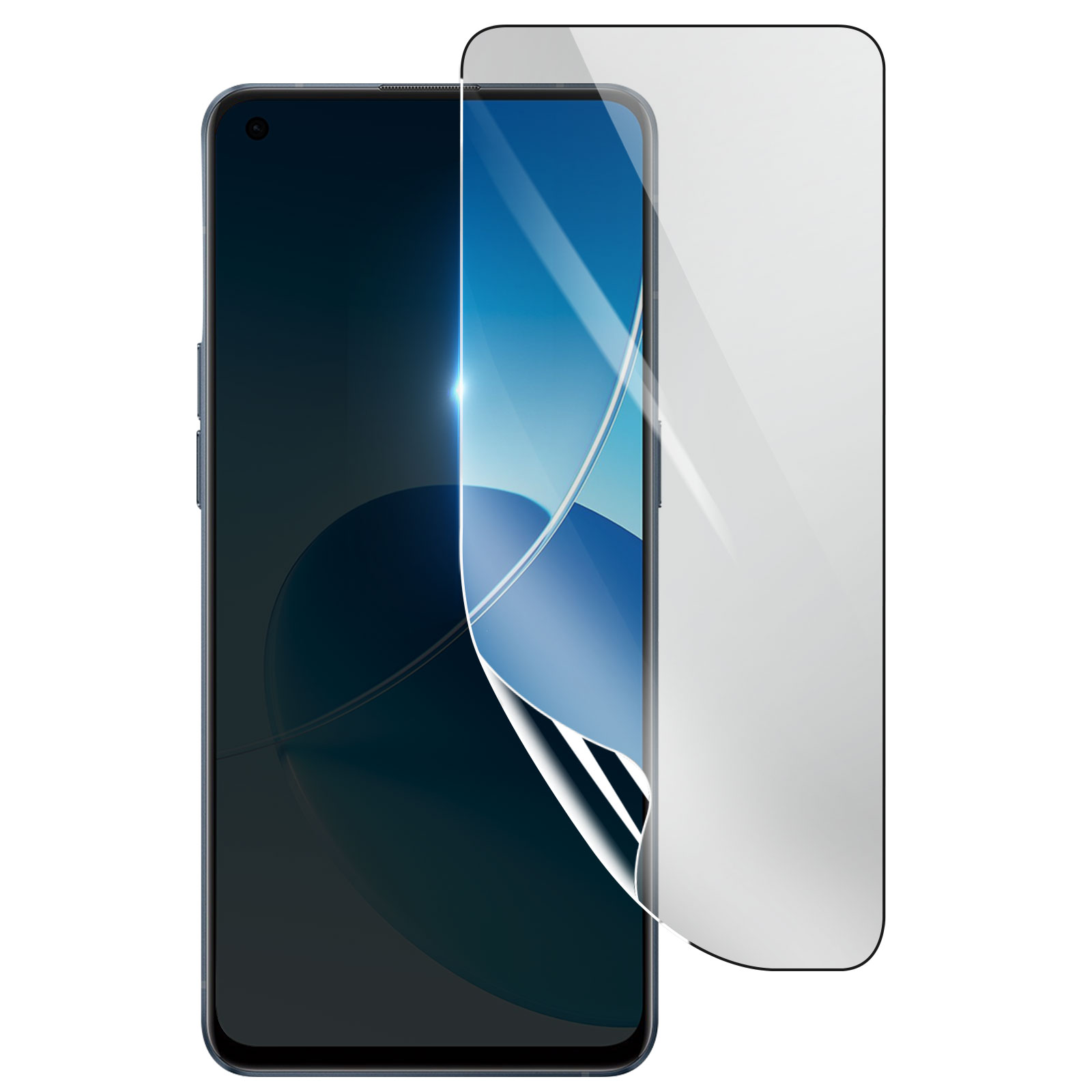 Uno smartphone con una protezione per lo schermo applicata. La protezione è parzialmente staccata, rivelando lo schermo.