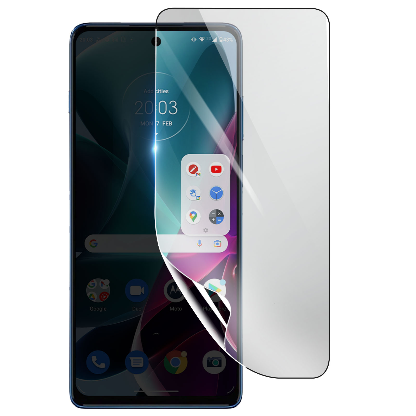 Uno smartphone con una protezione per lo schermo applicata. Lo schermo mostra l'ora e le icone delle app. Il telefono è blu.