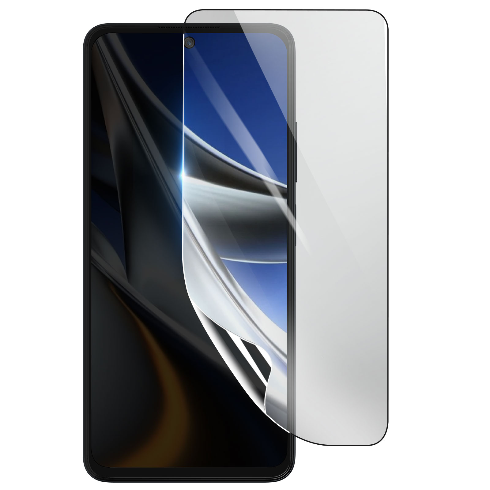 Uno smartphone con protezione schermo. Il telefono è nero, lo schermo mostra un design blu e argento. La protezione è trasparente.