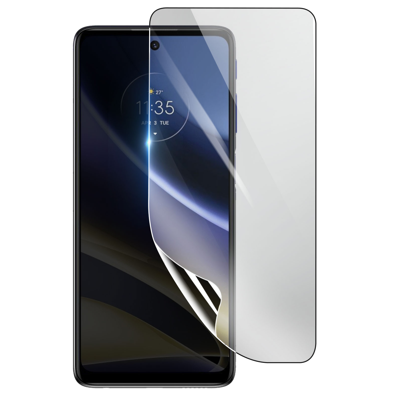 Smartphone con protezione schermo applicata. Il telefono mostra un orologio. Protezione leggermente staccata, sfondo bianco.