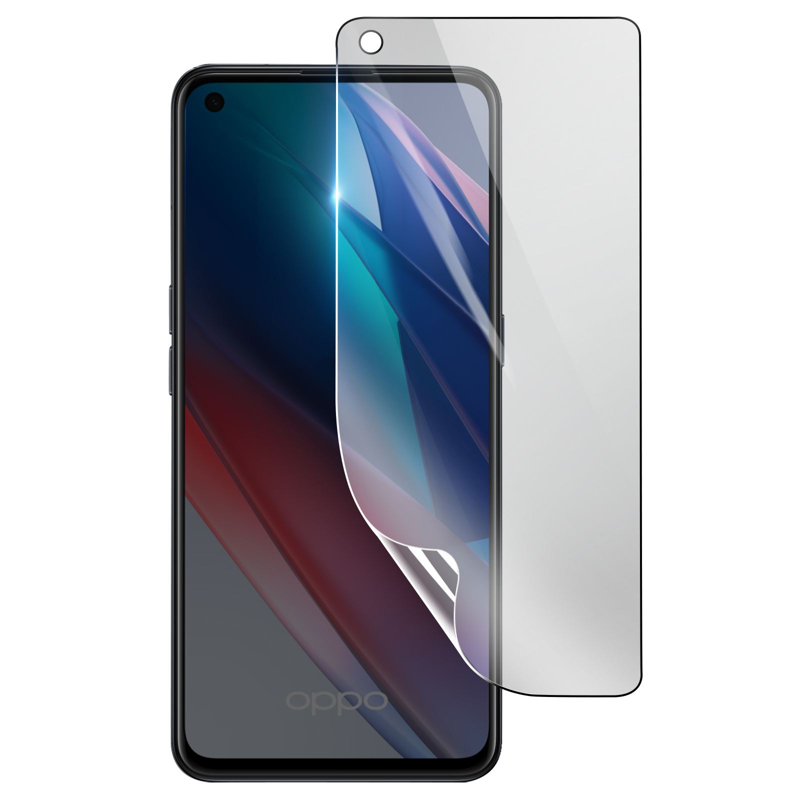 Uno smartphone con una protezione per lo schermo in applicazione. Lo schermo mostra forme astratte colorate. La protezione è trasparente.
