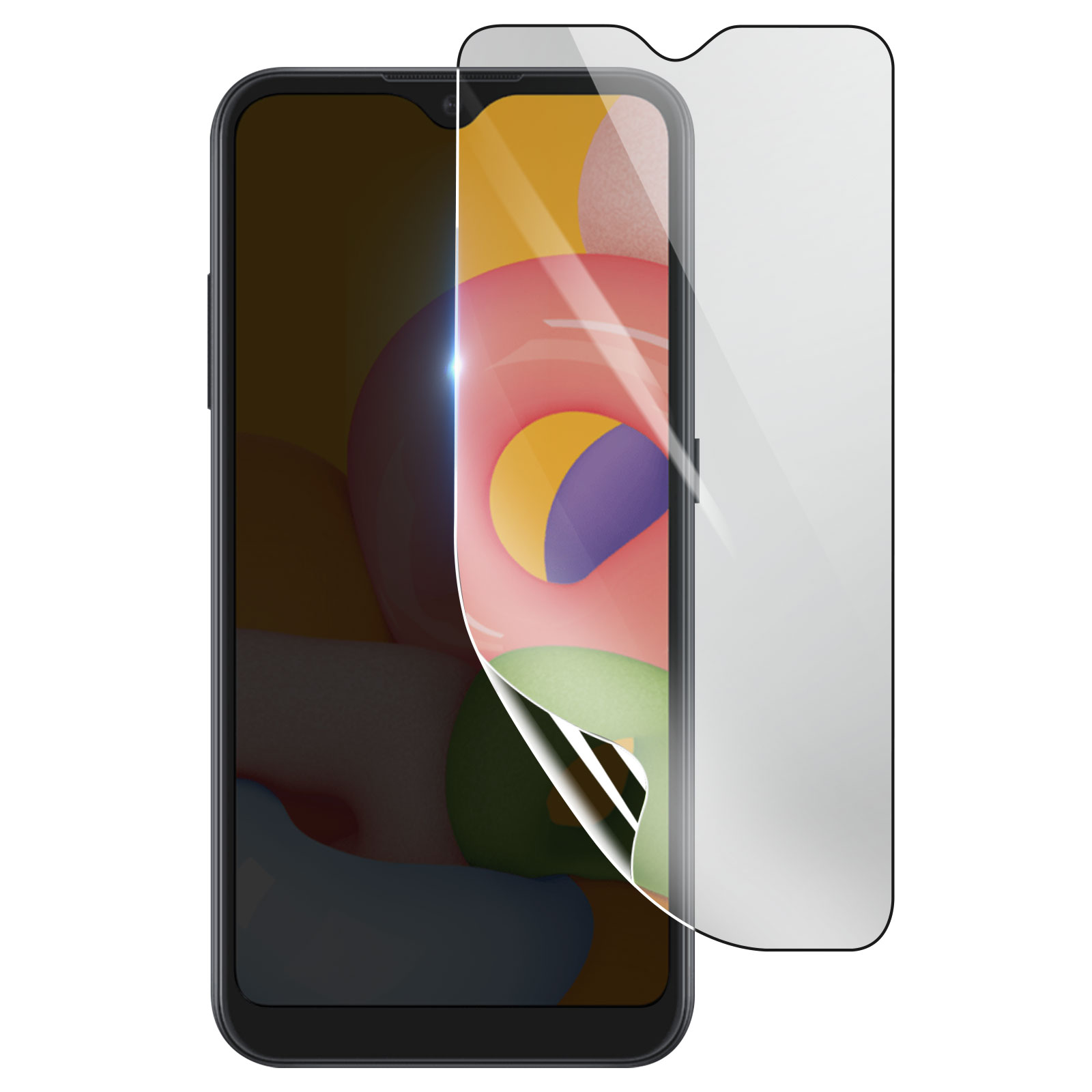 Smartphone con protezione schermo applicata. Lo schermo mostra forme e colori astratti. Protezione parzialmente staccata.