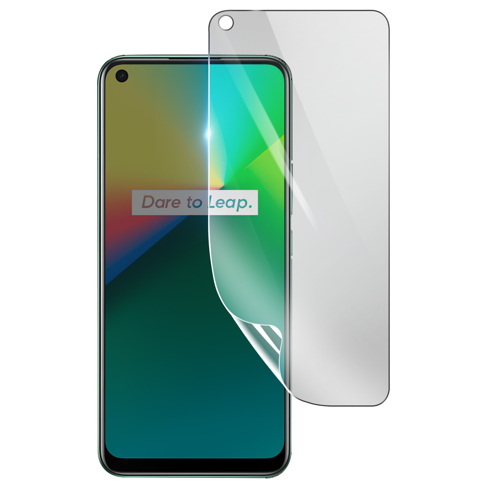 Uno smartphone con una protezione per lo schermo in fase di applicazione. Lo schermo mostra una sfumatura colorata e il testo 'Dare to Leap'.
