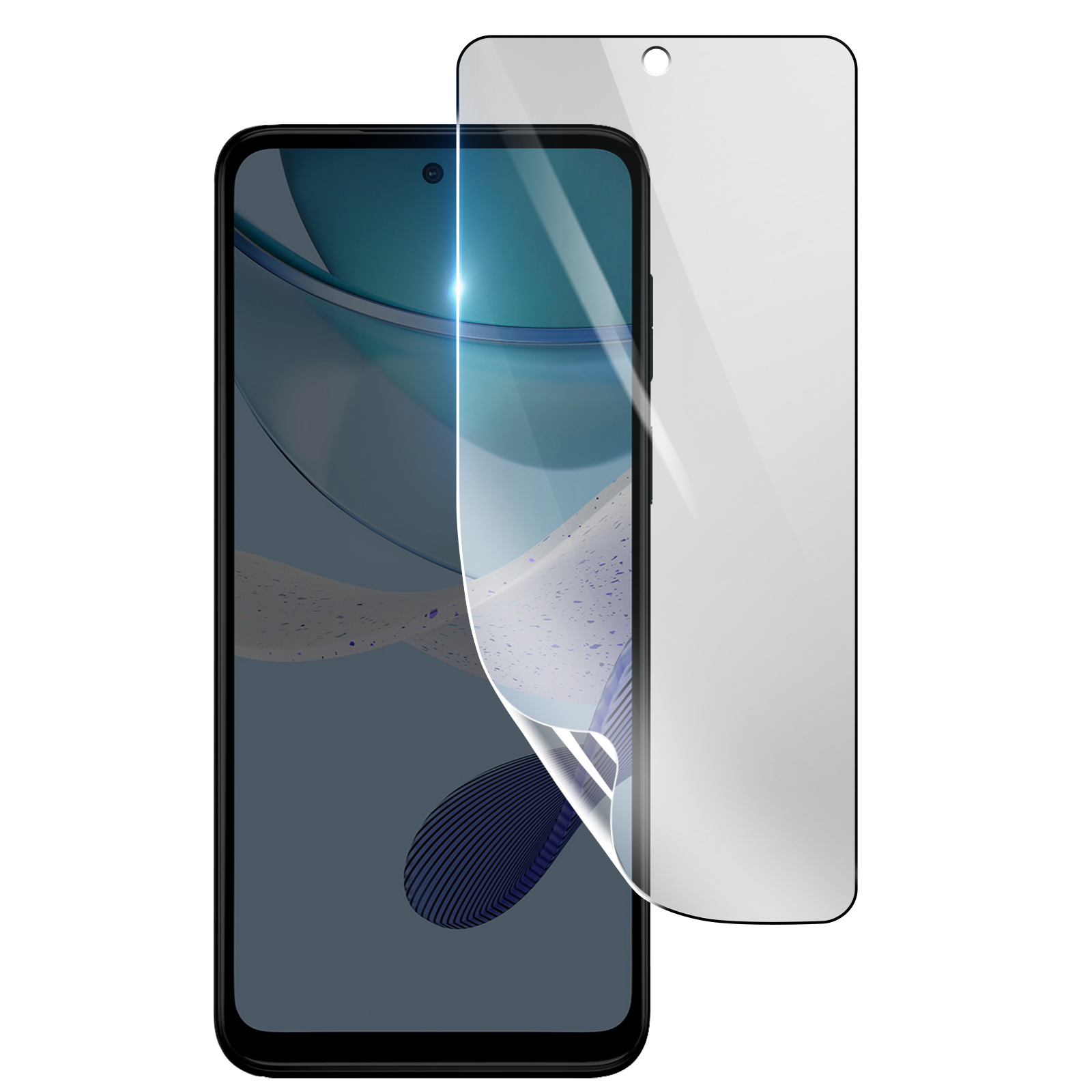 Uno smartphone con una protezione per lo schermo applicata. Il telefono è nero, la protezione è trasparente e lo sfondo è bianco.