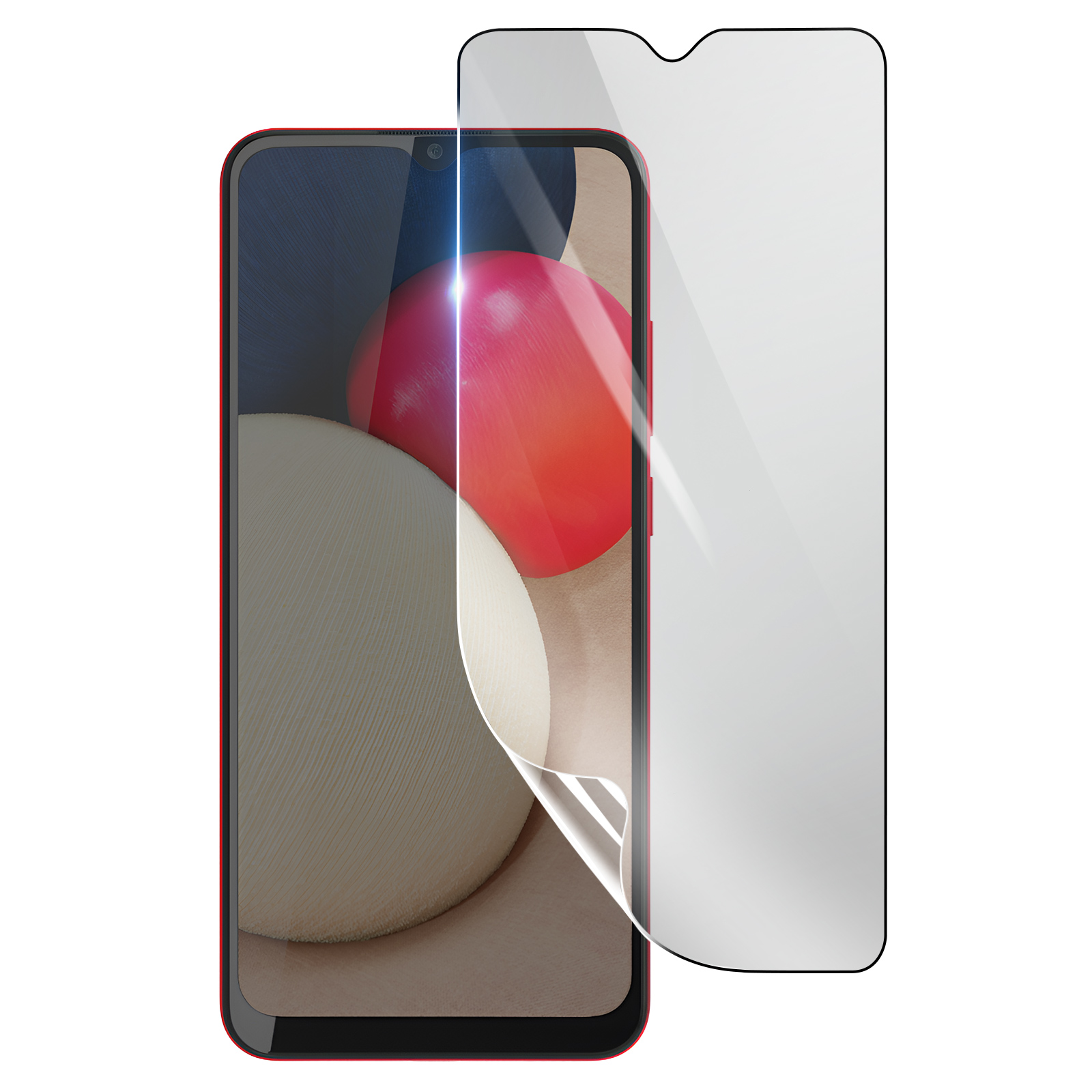 Uno smartphone rosso con una protezione per lo schermo in fase di applicazione. Il telefono mostra forme astratte. Un protettore trasparente.