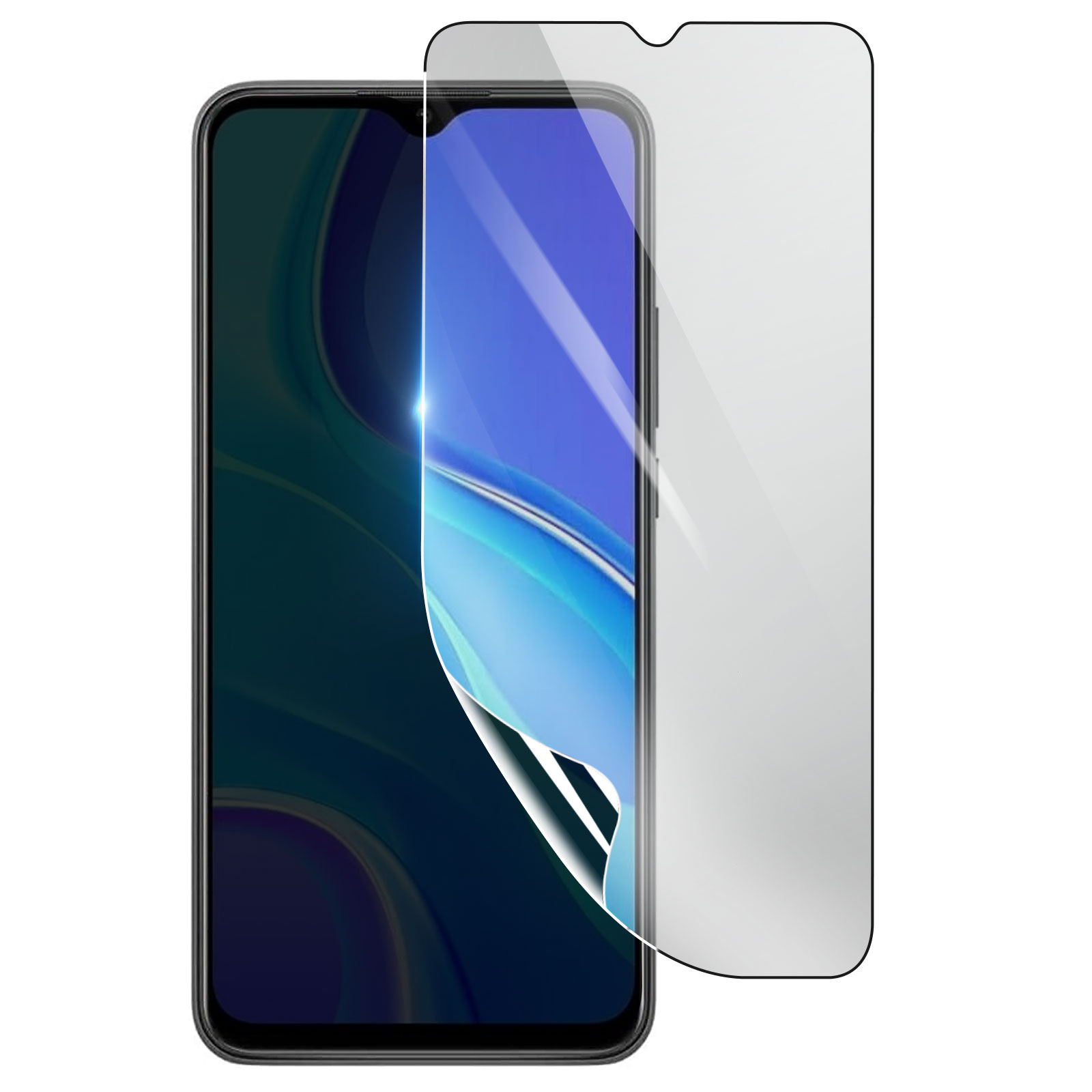 Uno smartphone con un proteggi schermo in fase di applicazione. Il telefono ha uno schermo blu e nero. Il proteggi schermo è trasparente.