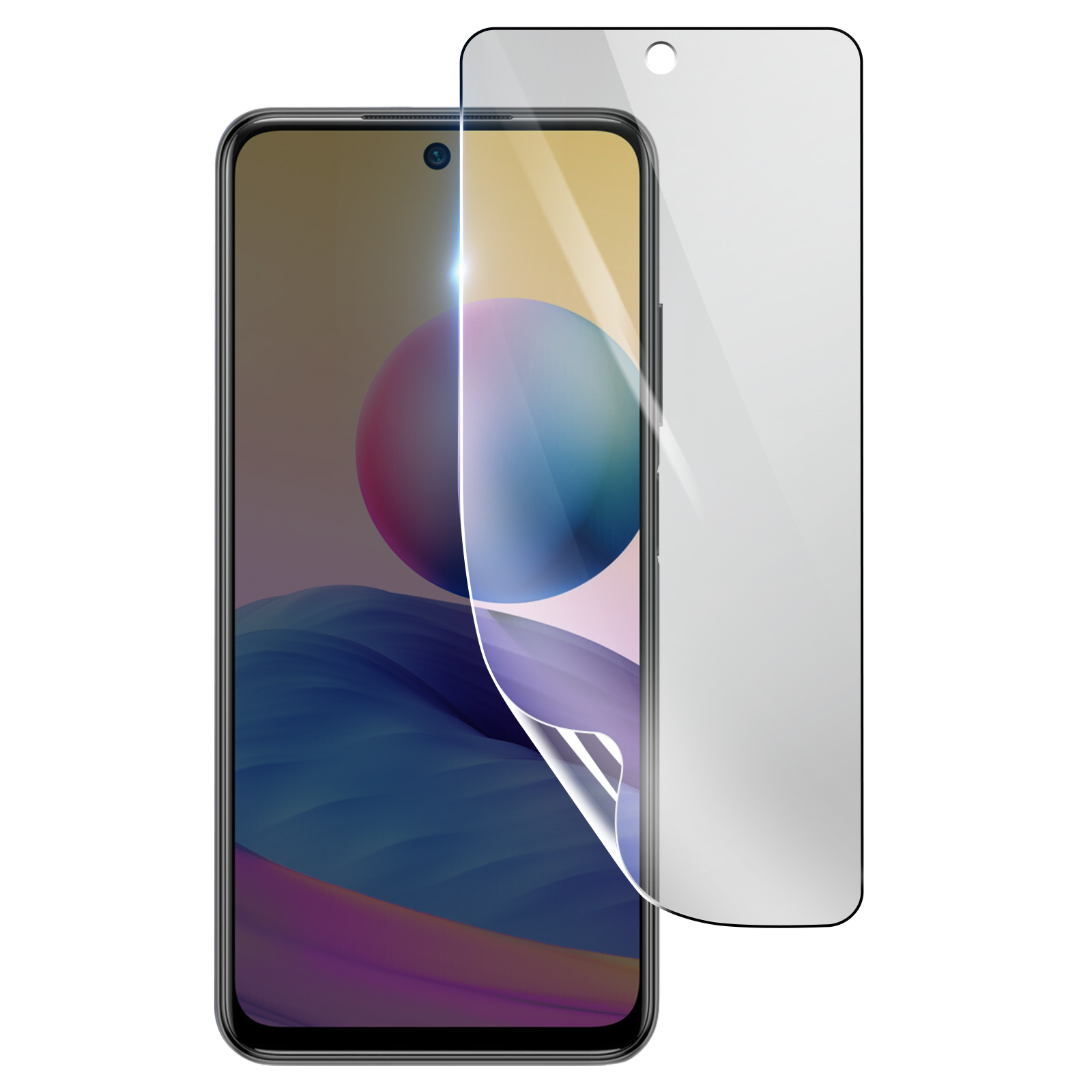 Uno smartphone con una protezione per lo schermo in applicazione. Lo schermo mostra un design astratto colorato.
