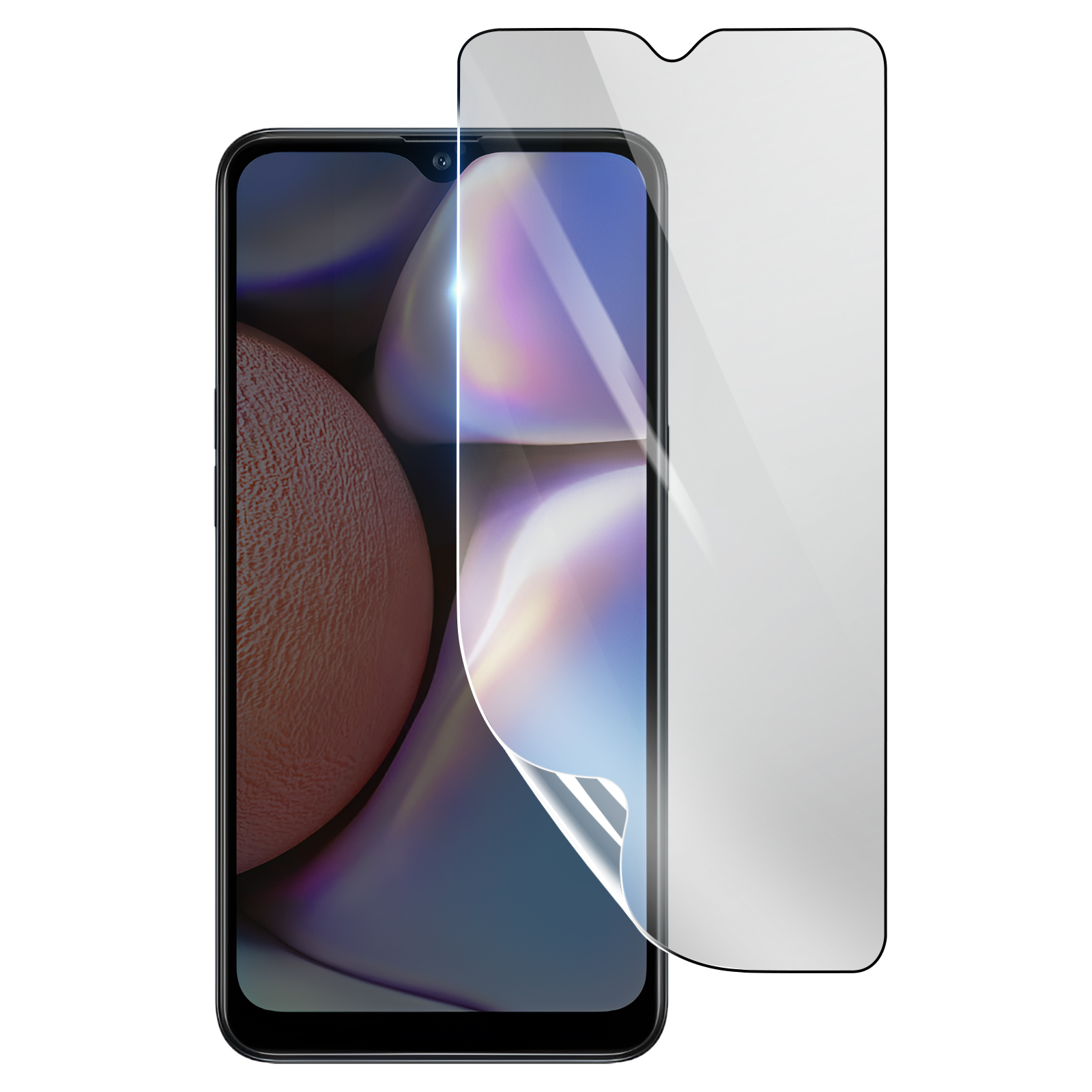 Uno schermo del telefono con una protezione per lo schermo in applicazione. Il telefono è nero, la protezione è trasparente.