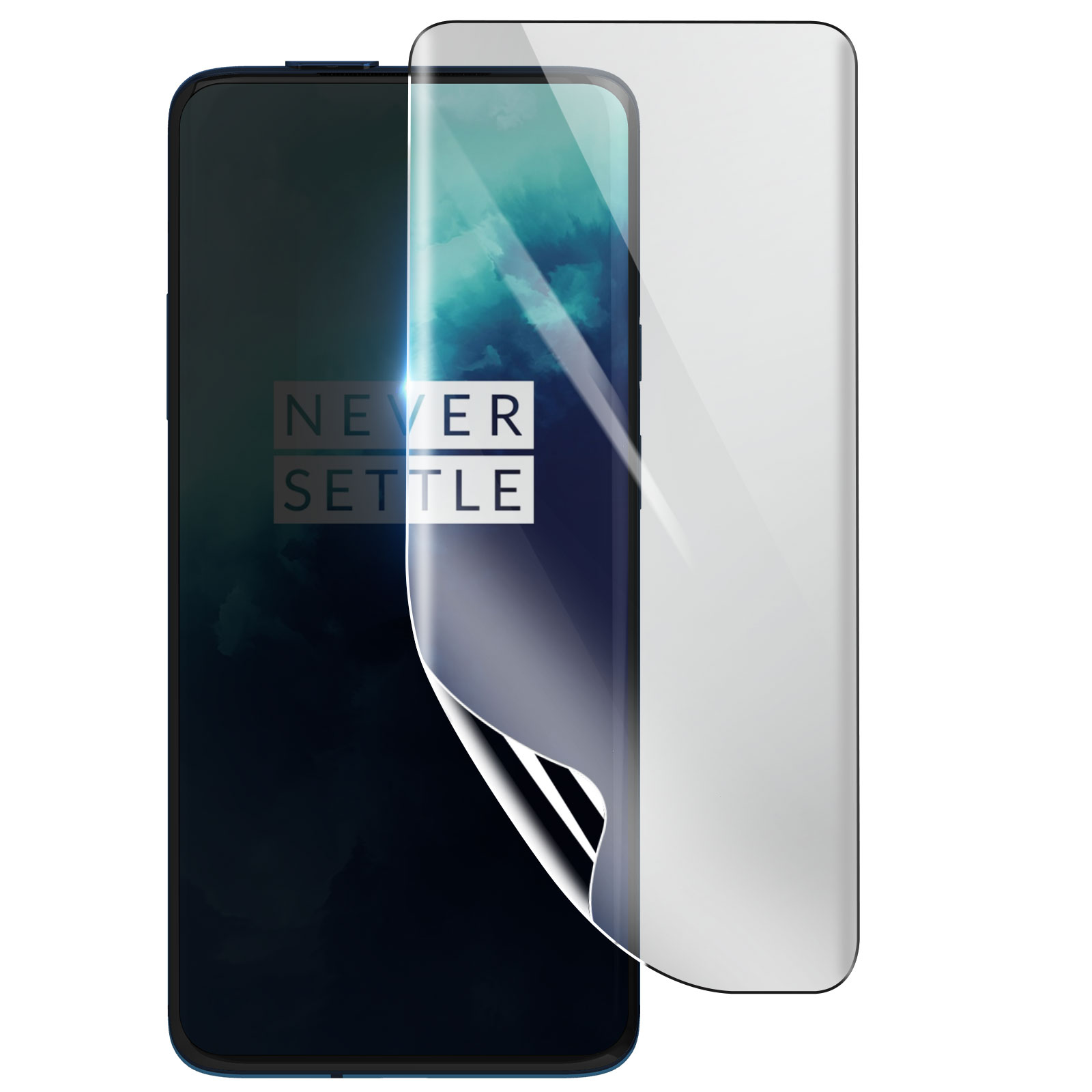 Uno smartphone con una protezione per lo schermo in fase di applicazione. Il telefono mostra 'NEVER SETTLE'. La protezione è parzialmente staccata.