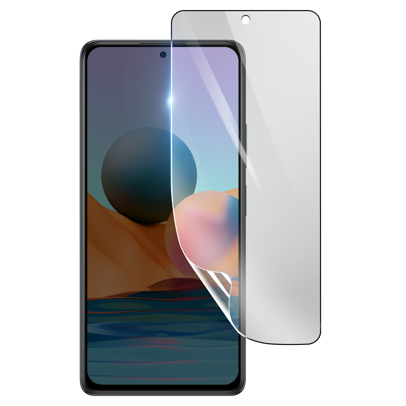 Uno smartphone con una protezione per lo schermo in fase di applicazione. Il telefono è nero, la protezione è trasparente.