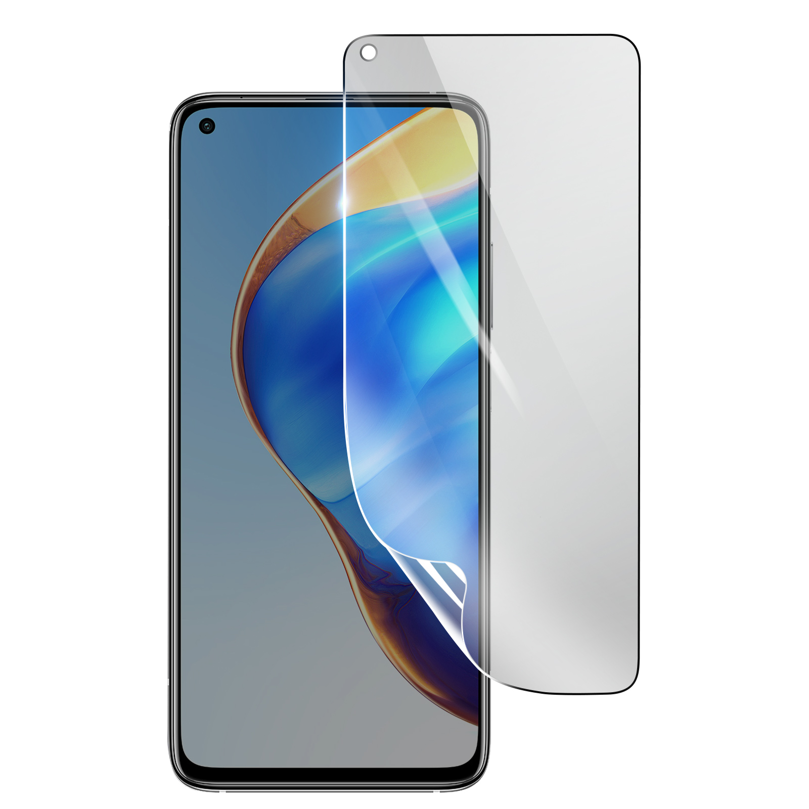 Uno smartphone con una protezione per lo schermo. Lo schermo mostra un'immagine astratta blu e oro. La protezione è trasparente e parzialmente staccata.