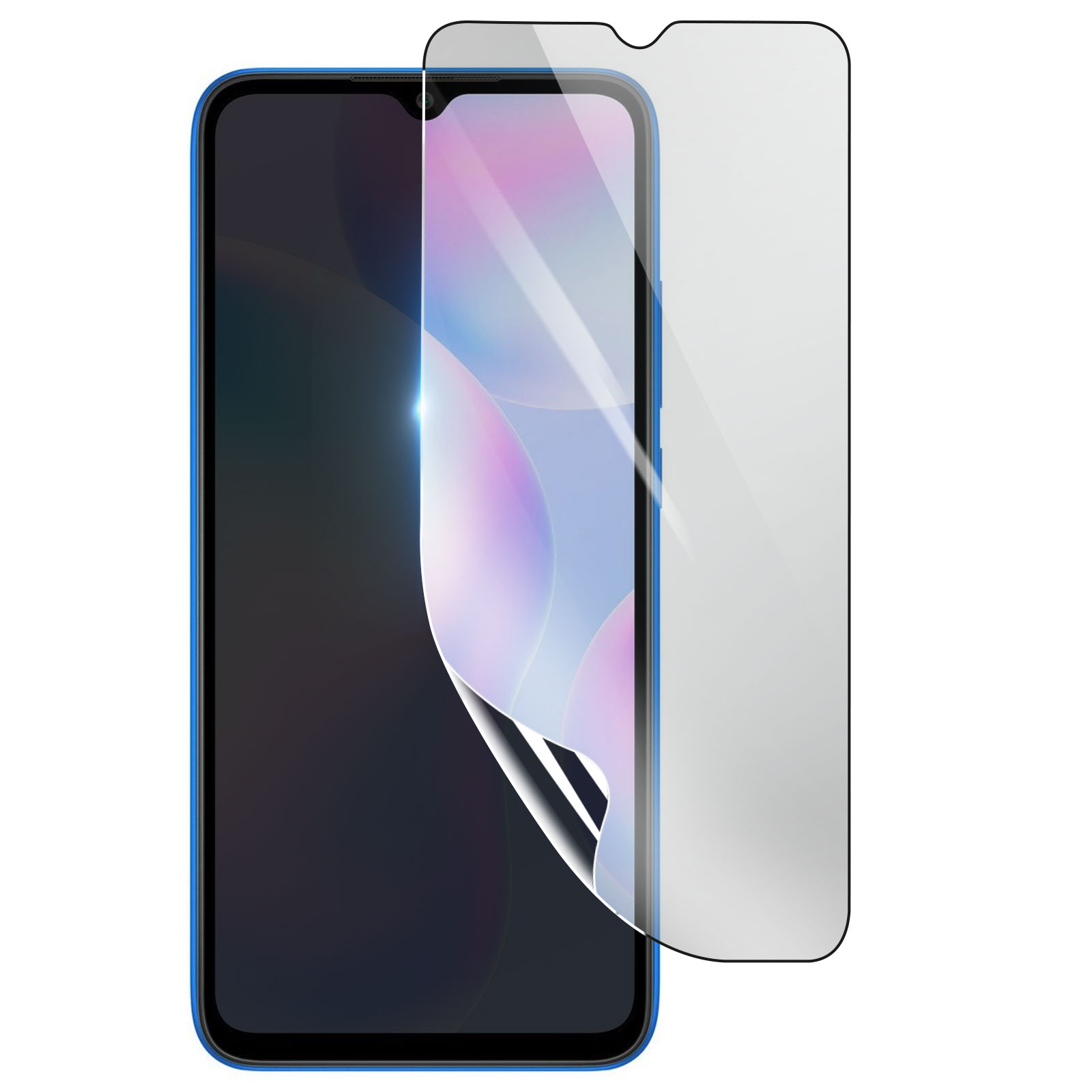 Smartphone blu con protezione schermo in applicazione. Schermo scuro, con strato protettivo trasparente.