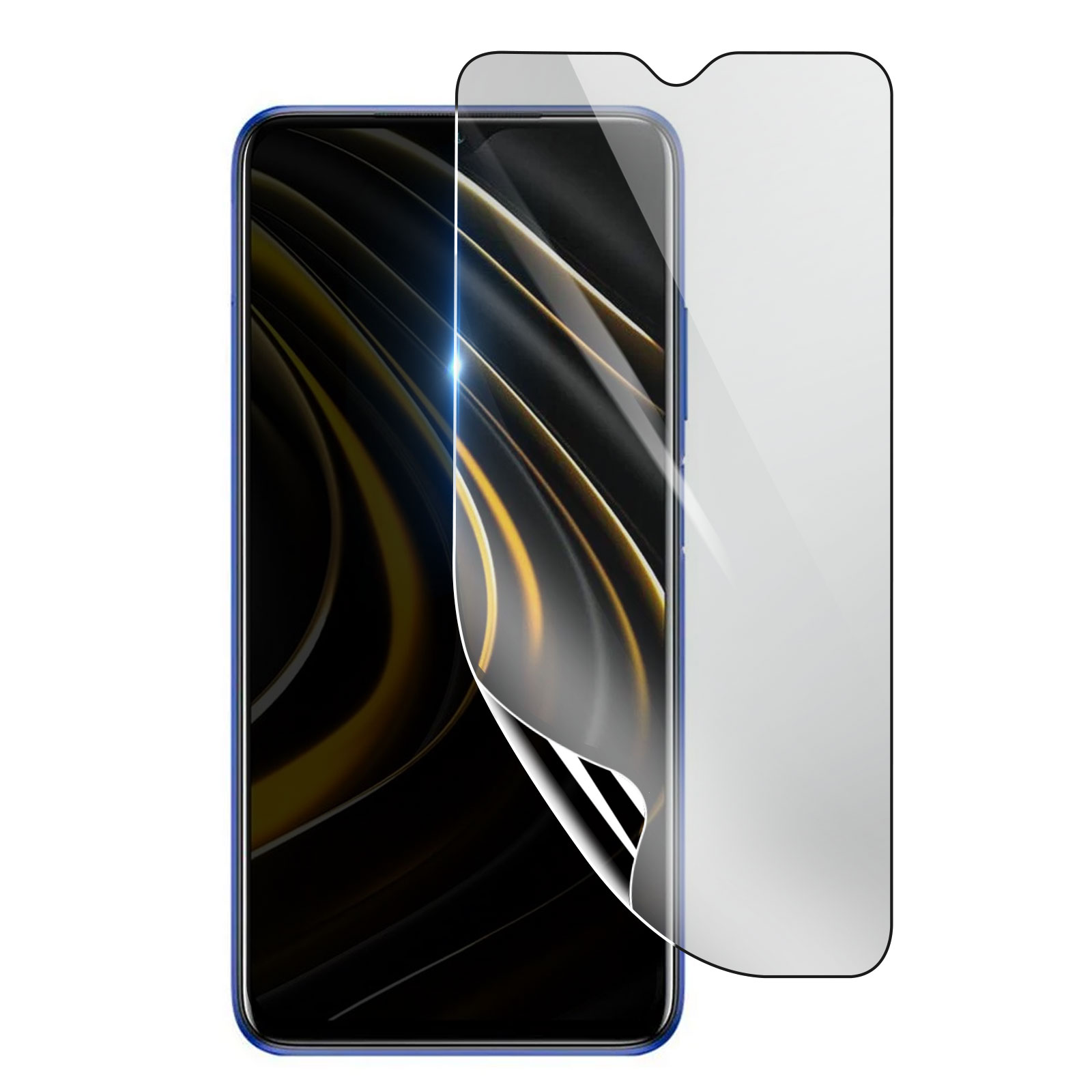 Un proteggi schermo è posto su un telefono. Il telefono ha una cornice blu e sfondo nero e oro.