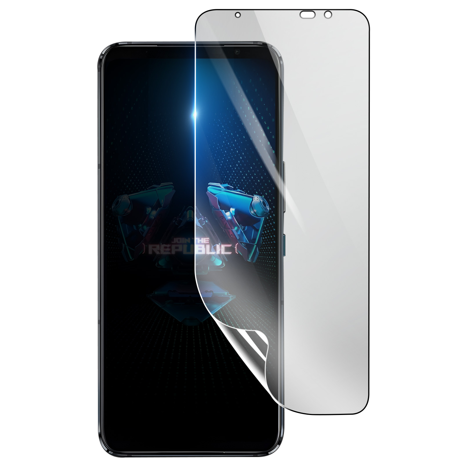 Uno smartphone con protezione schermo. Il telefono mostra grafica e testo blu. La protezione è parzialmente staccata.