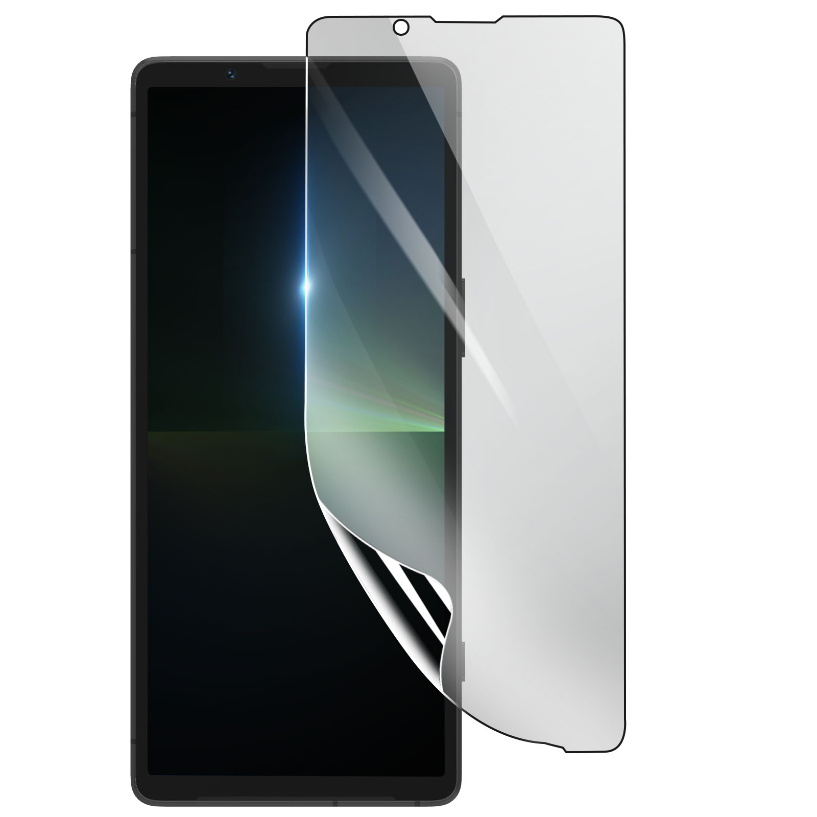 Uno smartphone con una protezione per lo schermo che viene rimossa. Telefono nero, protezione trasparente, sfondo bianco.
