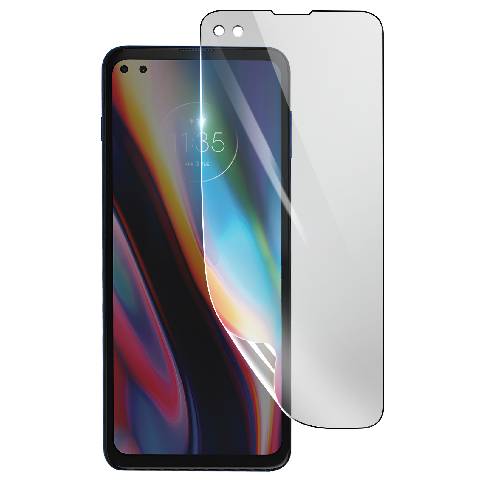 Uno smartphone con una protezione per lo schermo. Lo schermo mostra l'ora e la data. La protezione è parzialmente staccata.