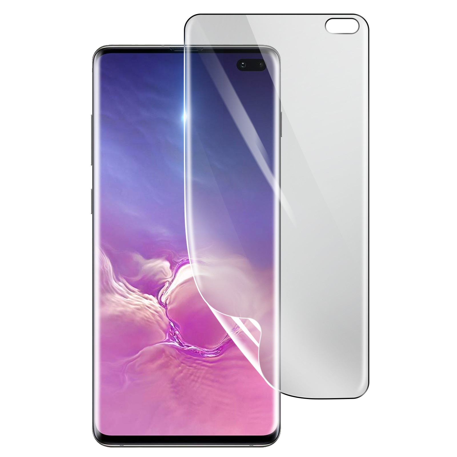Uno smartphone con una protezione per lo schermo. Il telefono ha uno sfondo viola e bianco. Un secondo protettore è a destra.