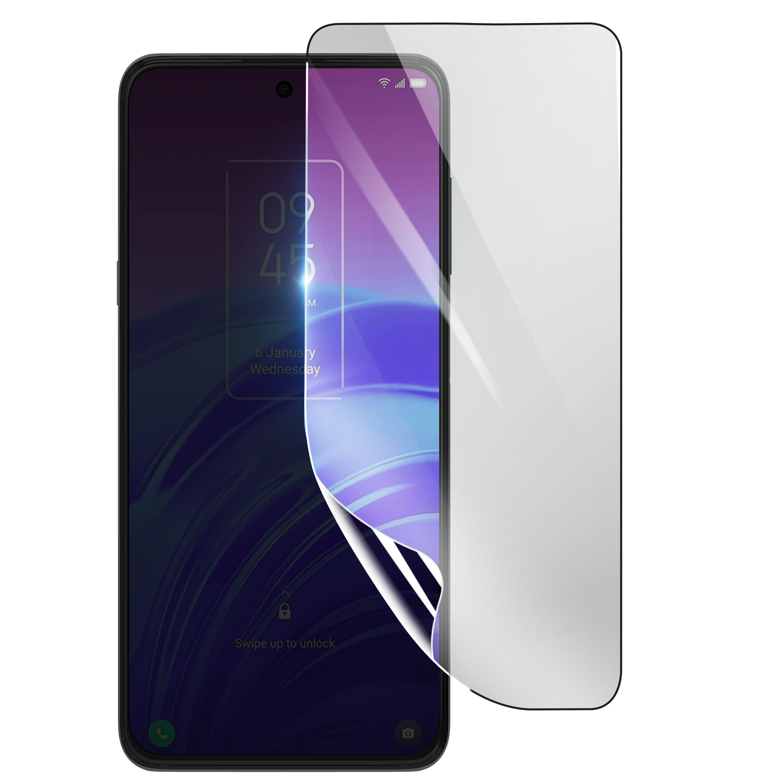 Uno smartphone con una protezione per lo schermo in fase di applicazione. Lo schermo mostra una schermata di blocco con data e ora.