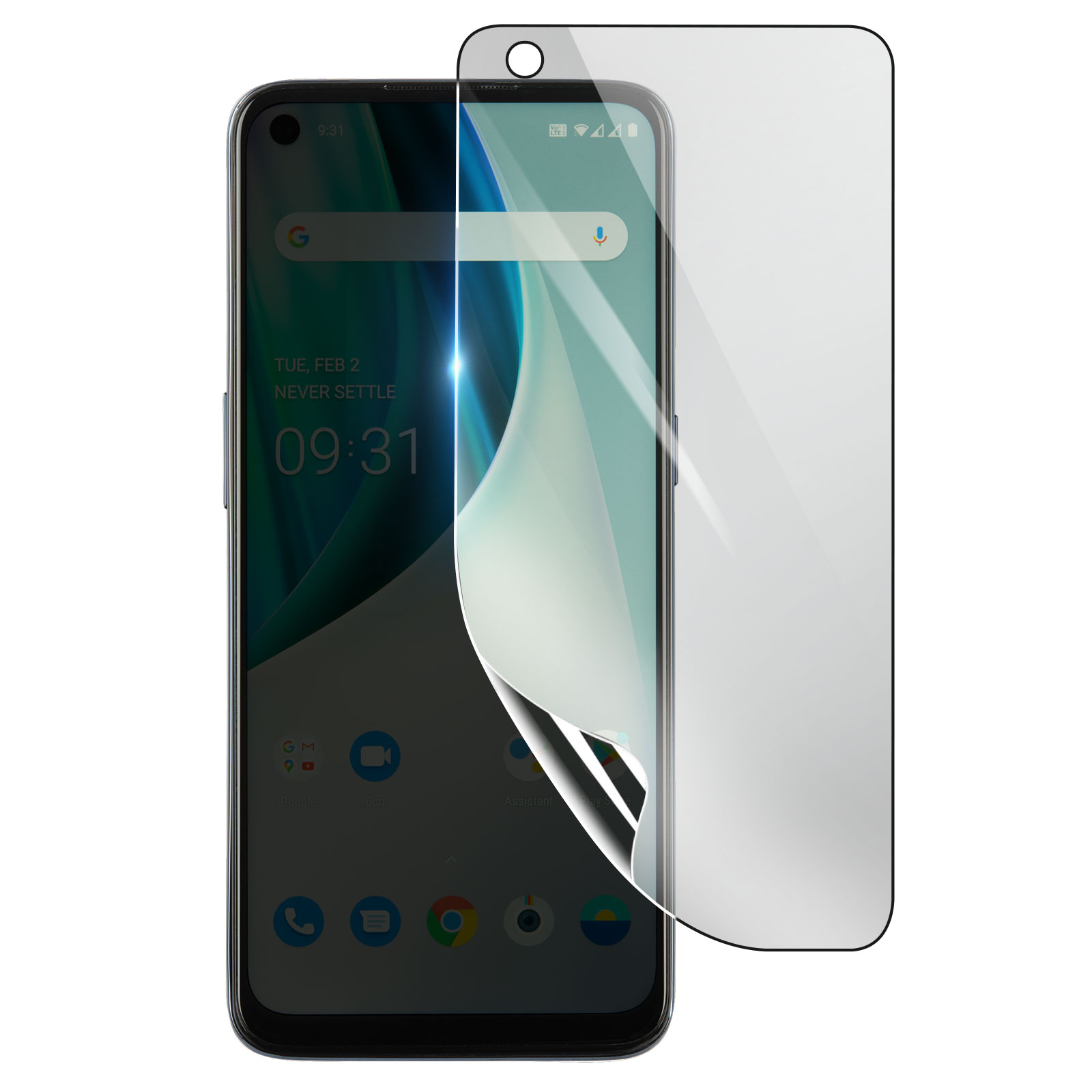 Uno smartphone con una protezione per lo schermo applicata. Il telefono mostra icone e l'ora. La protezione è parzialmente staccata.