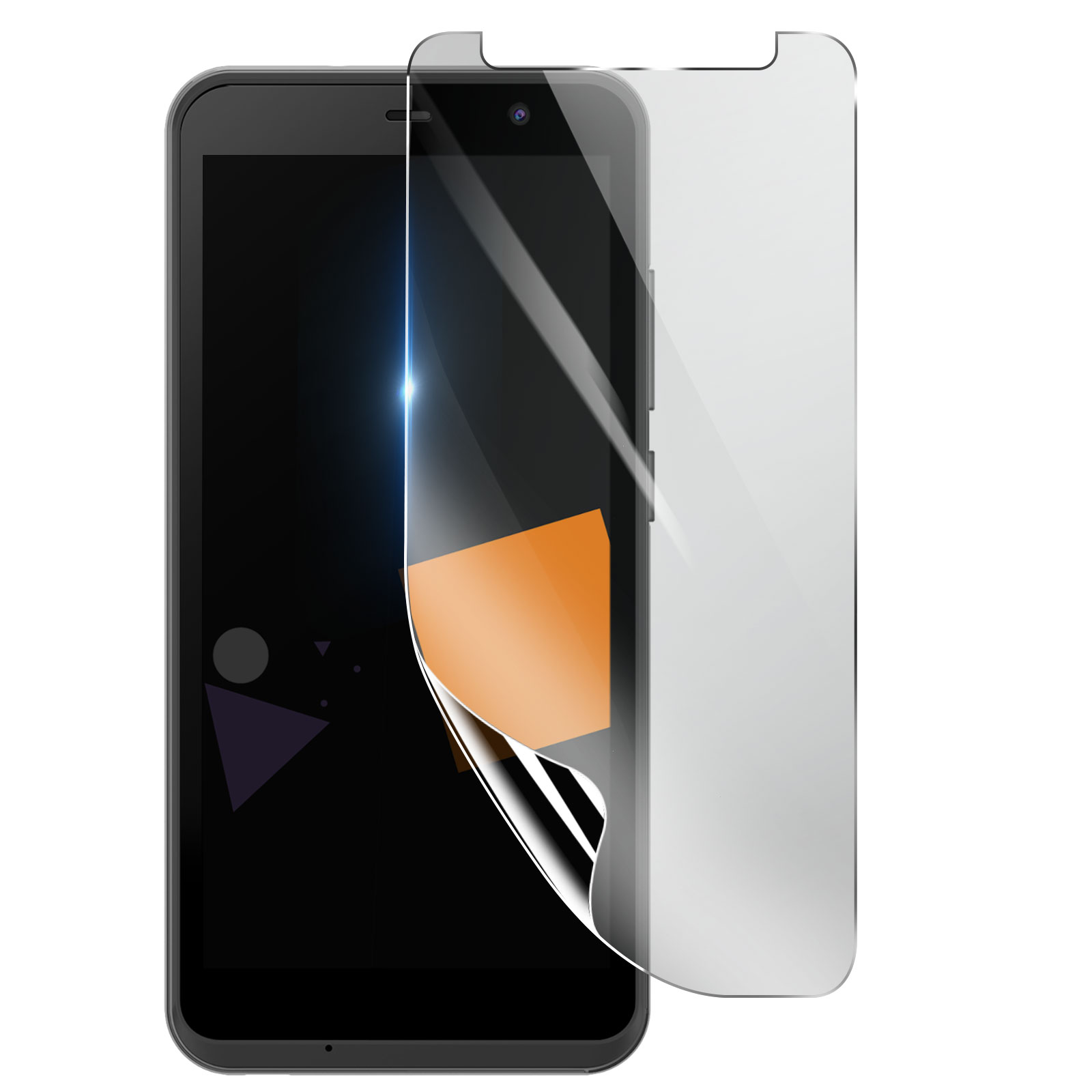 Smartphone nero con protezione schermo in applicazione. Lo schermo mostra un display nero con forme arancioni e nere.