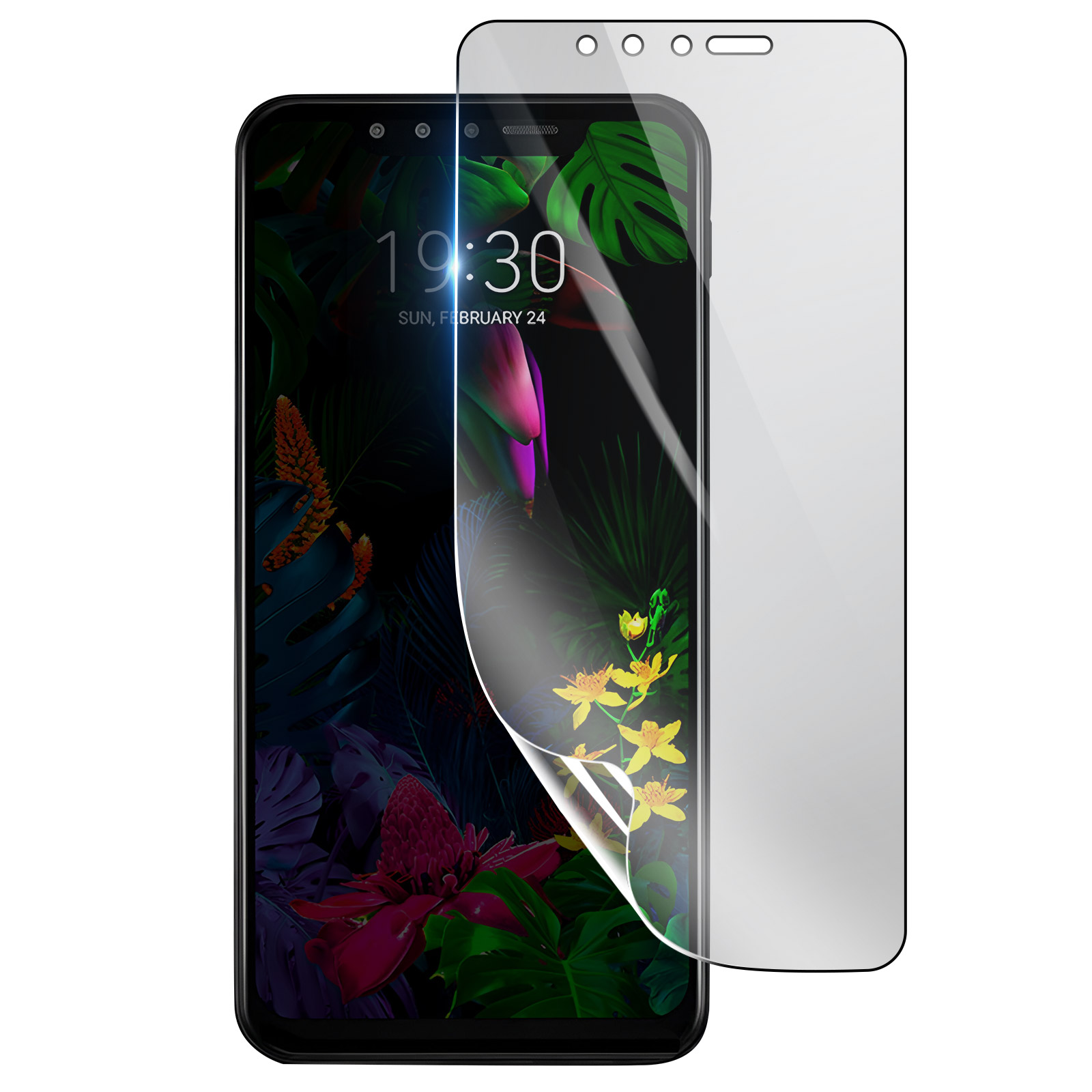 Viene visualizzato uno smartphone con una protezione per lo schermo. Lo schermo mostra uno sfondo floreale e l'ora 19:30. Una protezione in vetro si sta staccando.