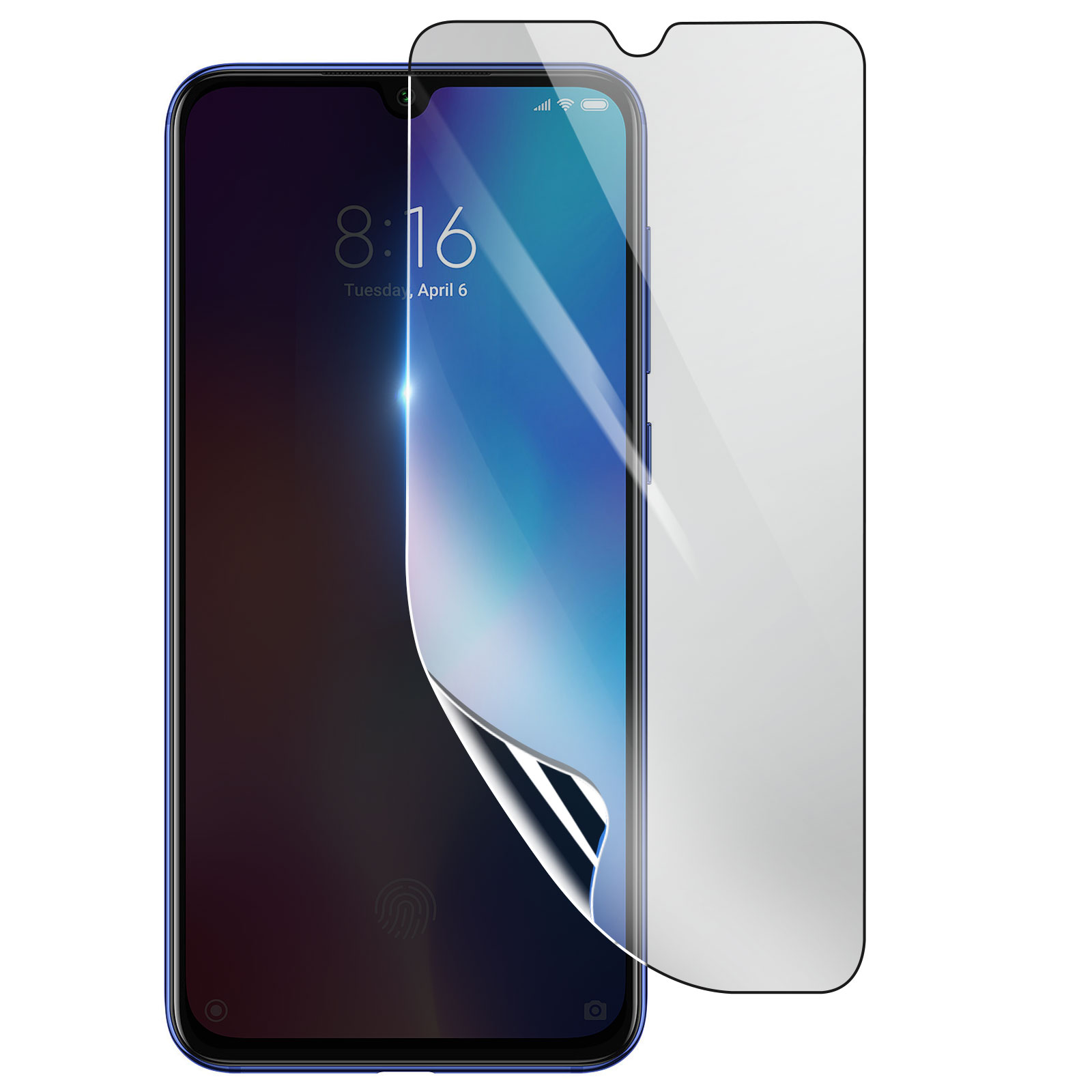 Uno smartphone con una protezione per lo schermo applicata. Il telefono mostra l'ora e la data. La protezione è parzialmente staccata.