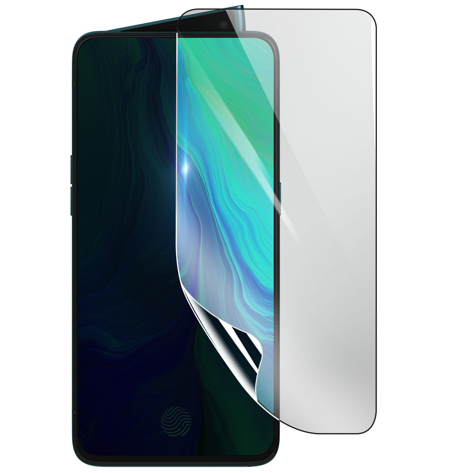 Uno smartphone con una protezione per lo schermo in fase di applicazione. Lo schermo mostra un design blu e verde. La protezione è parzialmente staccata.