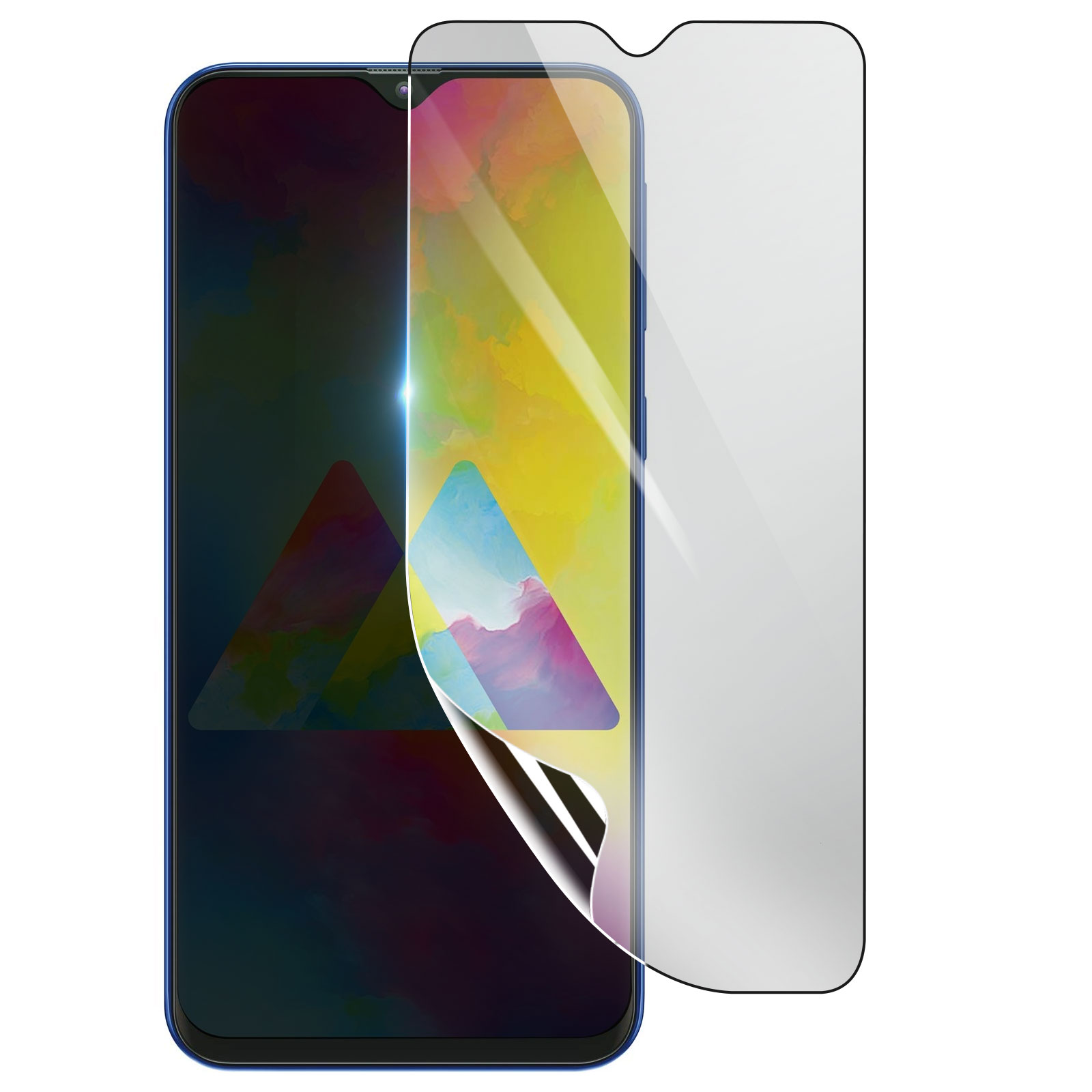 Uno smartphone con una protezione per lo schermo applicata. Lo schermo mostra forme colorate. La protezione è parzialmente staccata.