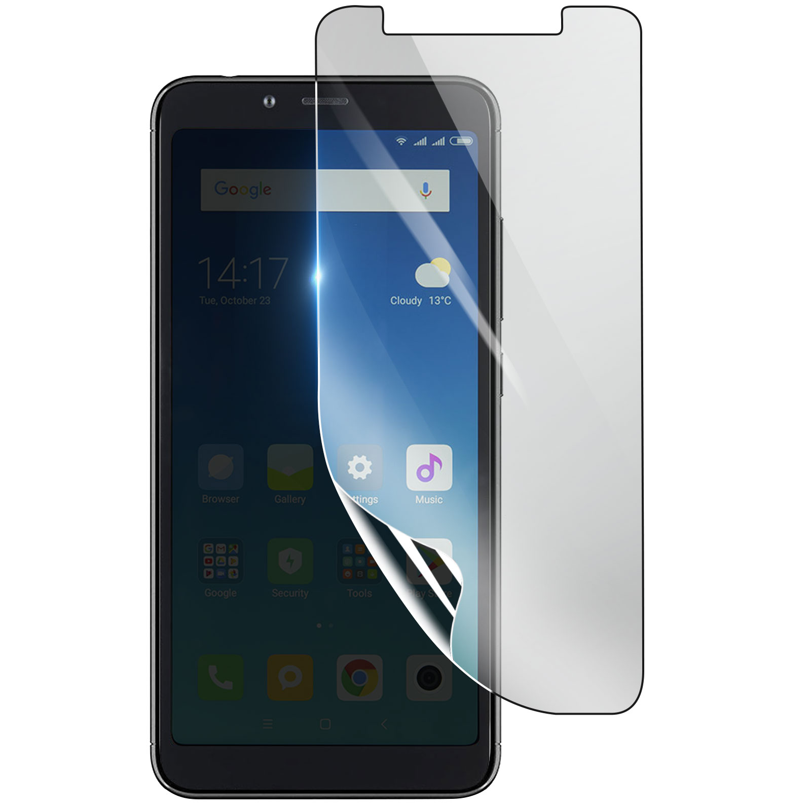 Smartphone con protezione schermo applicata. Il telefono mostra icone app e ora. Protezione parzialmente staccata.