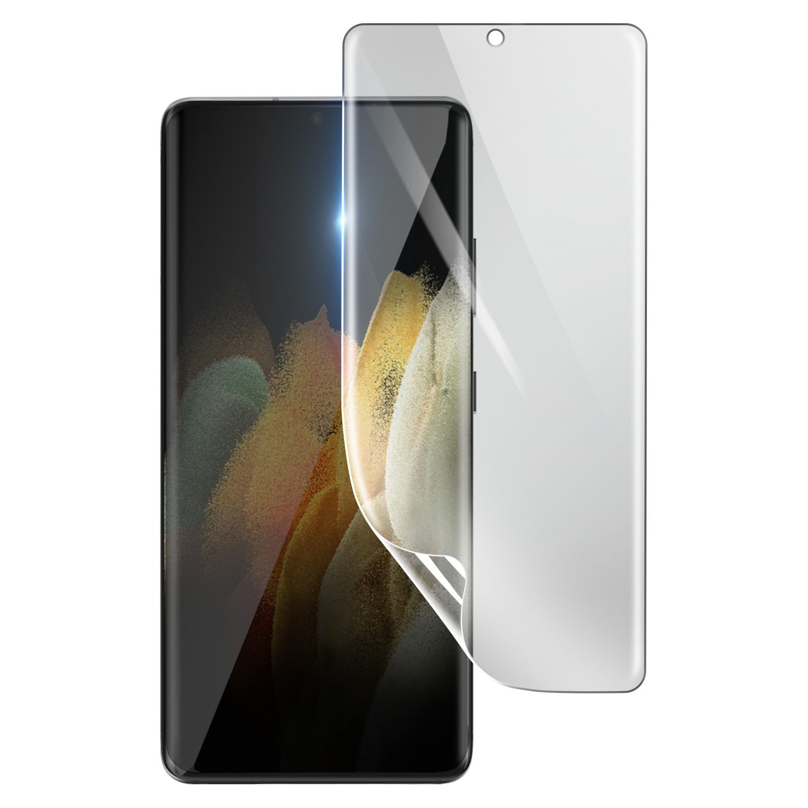 Uno smartphone con una protezione per lo schermo applicata. Il telefono è nero, la protezione è trasparente.