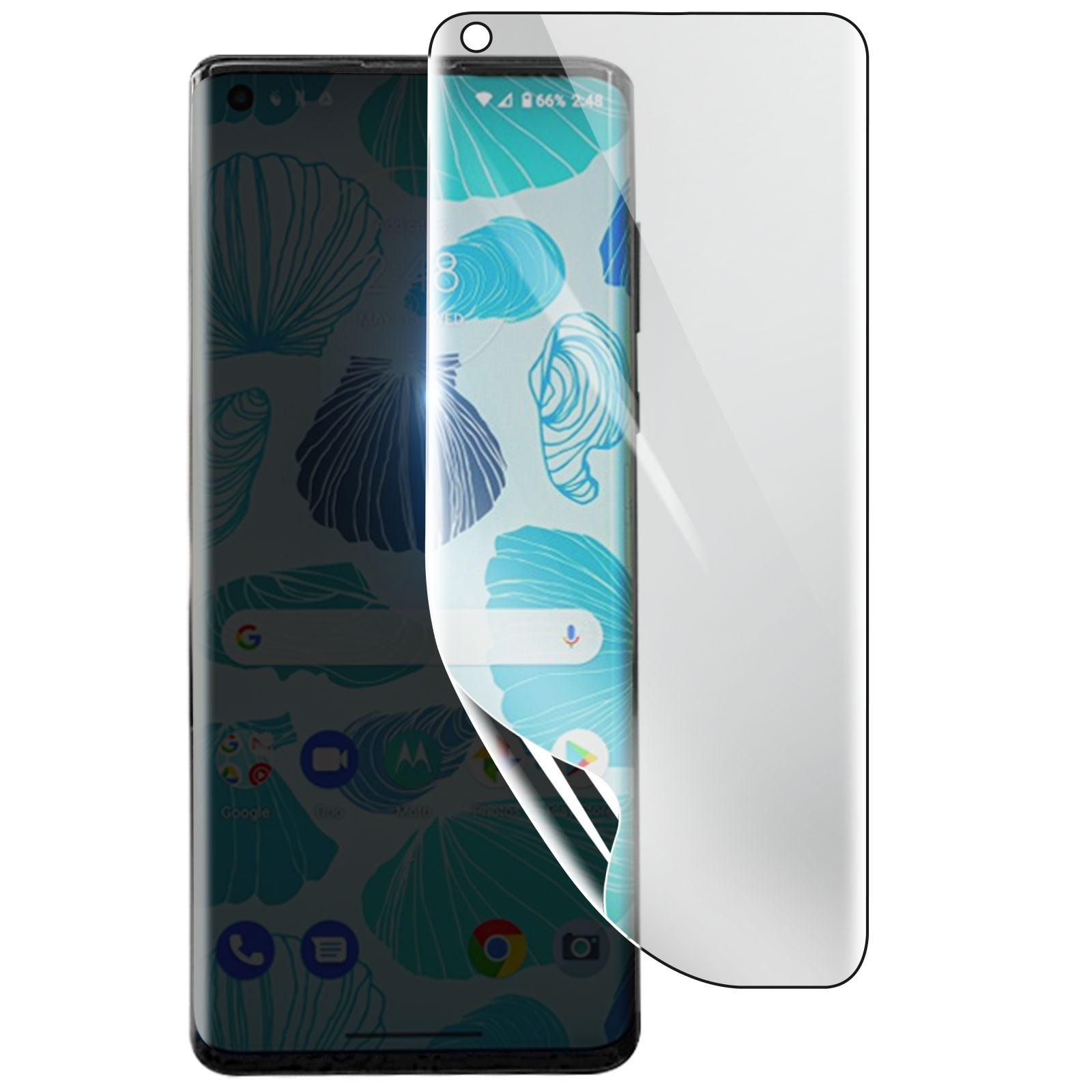 Smartphone con protezione schermo. Lo schermo mostra un motivo a conchiglie. Protezione parzialmente rimossa.