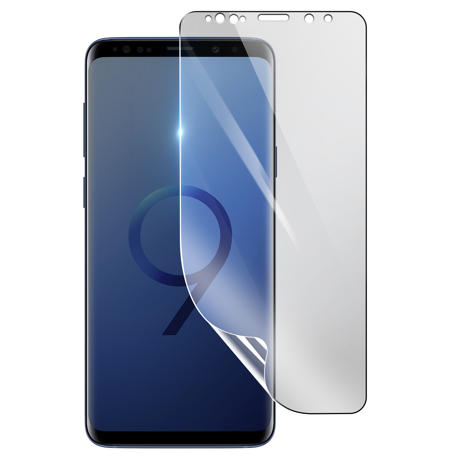 Un telefono con una protezione per lo schermo in fase di applicazione. Il telefono è blu, il proteggi schermo è trasparente.