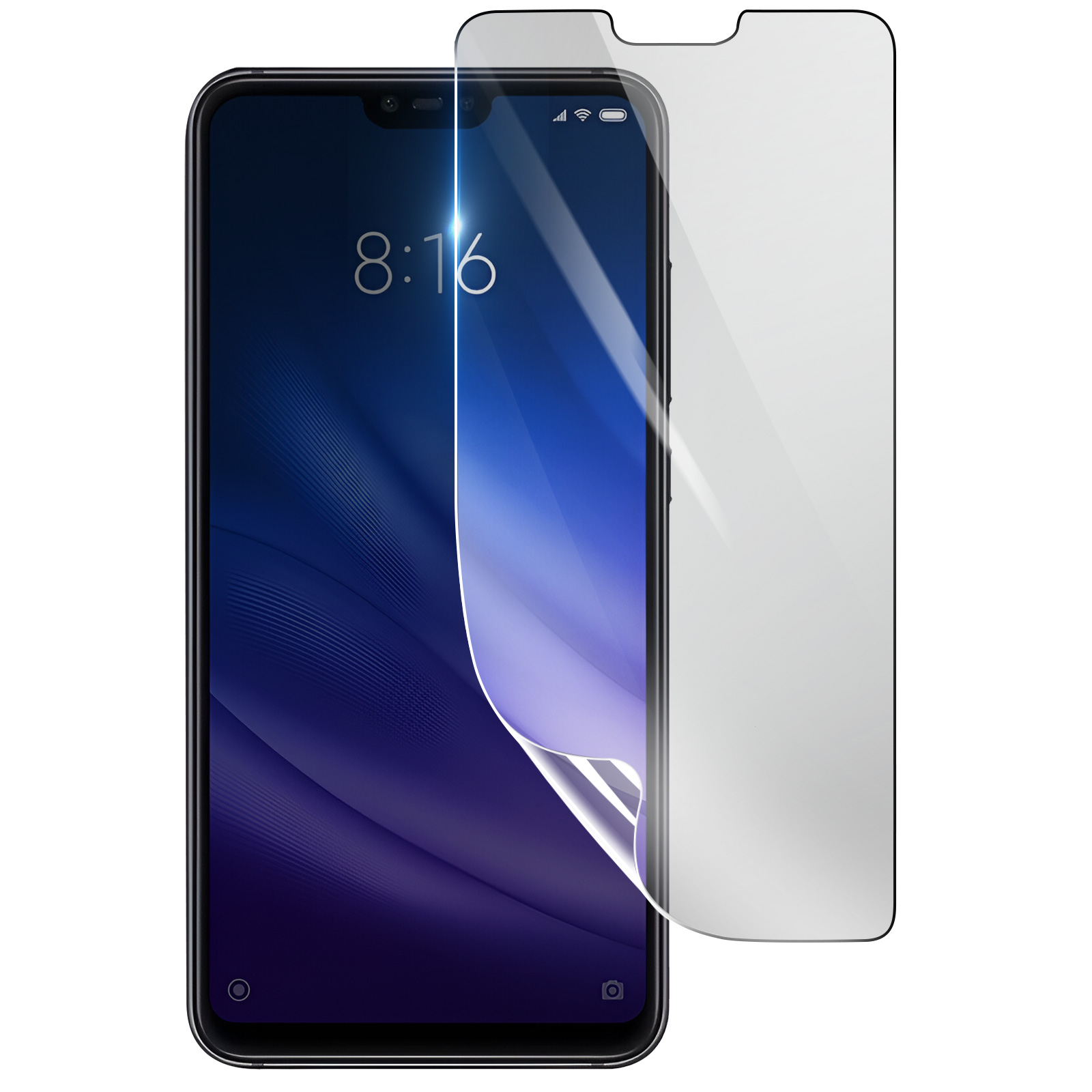 Uno smartphone con una protezione per lo schermo applicata. Il telefono visualizza l'ora 8:16. La protezione è parzialmente staccata.