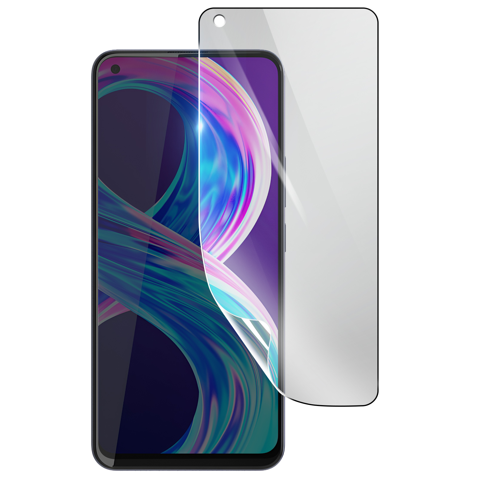 Uno smartphone con una protezione per lo schermo applicata. Lo schermo del telefono mostra un design astratto colorato. La protezione è trasparente e copre parzialmente il telefono.