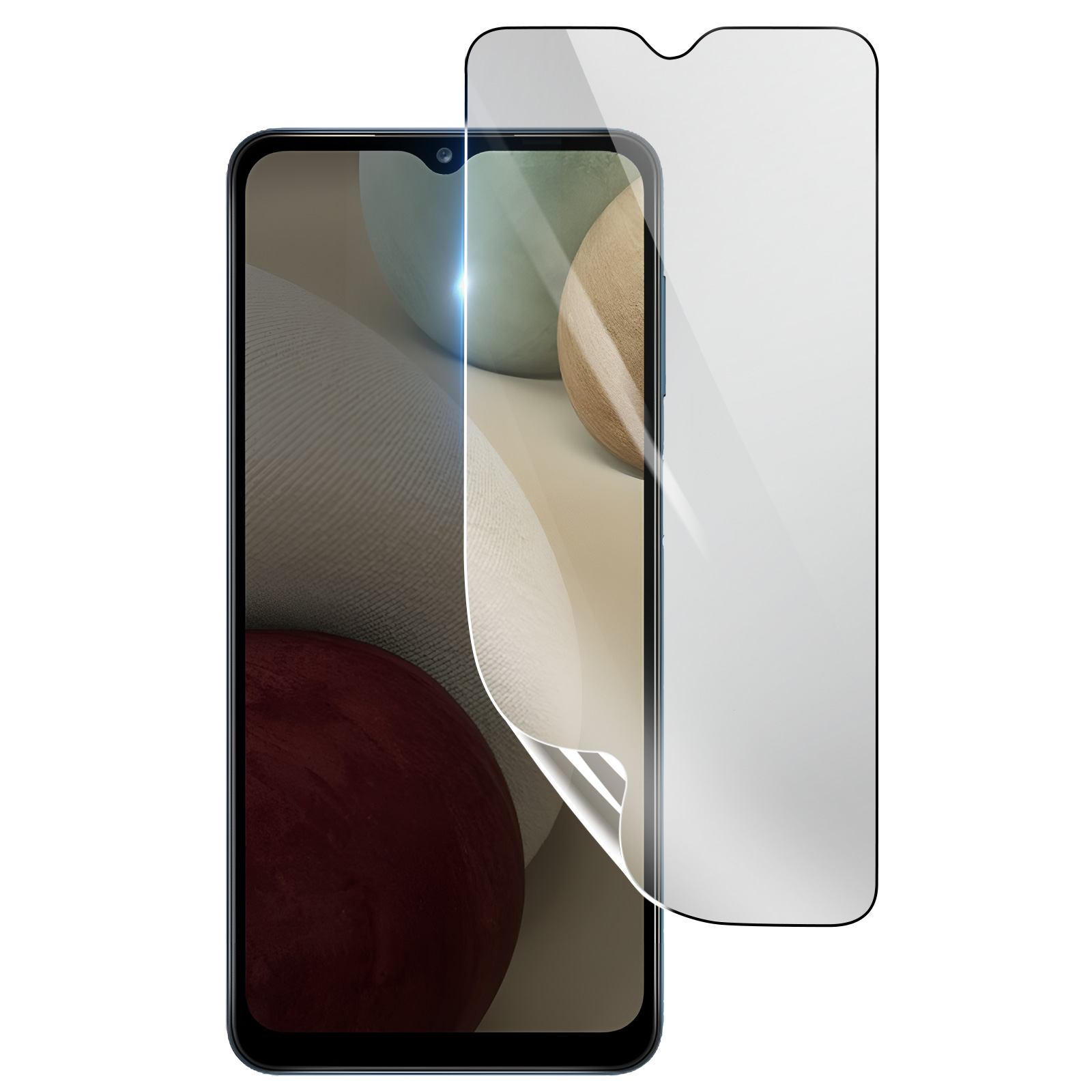 Uno smartphone con protezione schermo parzialmente staccata. Lo schermo mostra forme astratte. La protezione è trasparente.