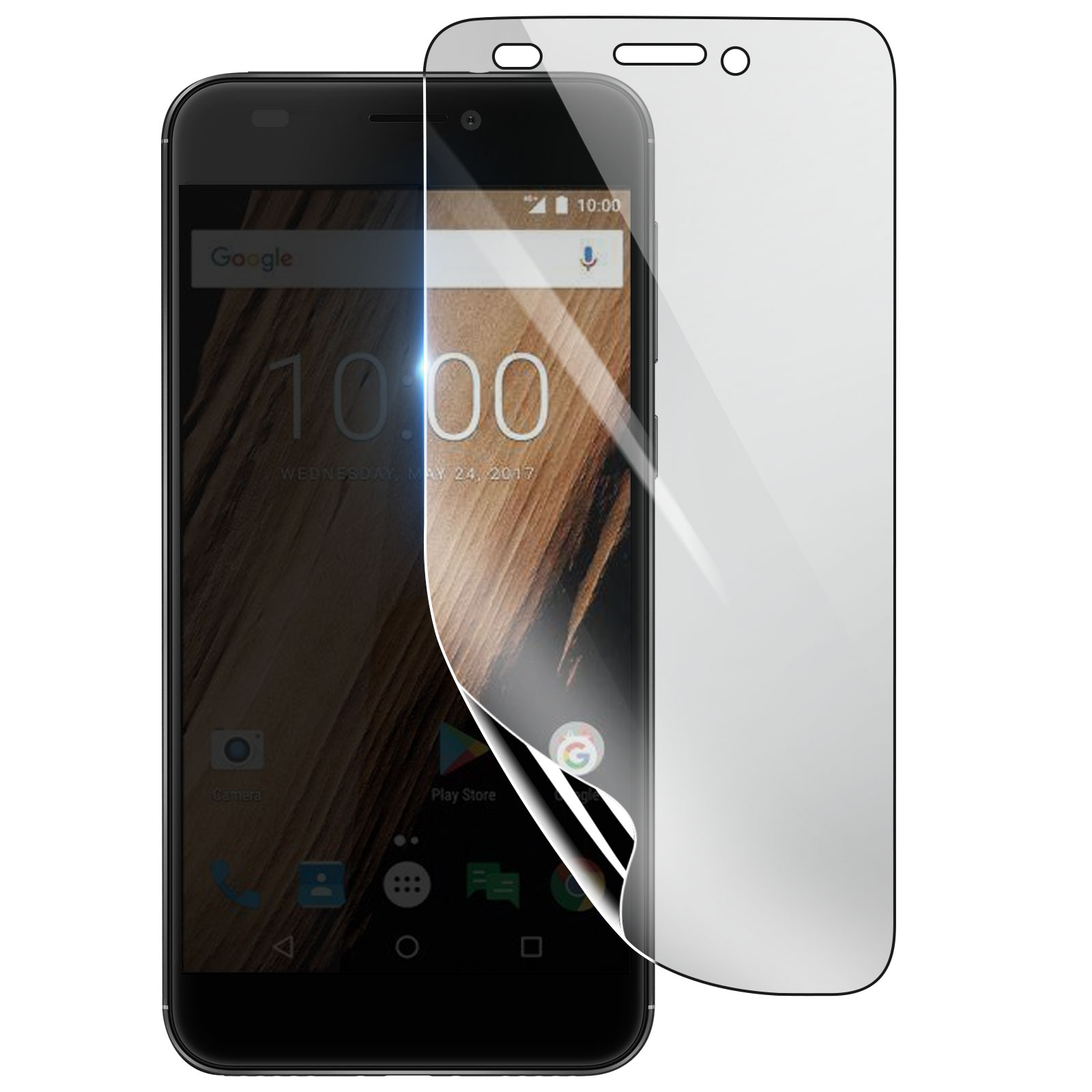 Uno smartphone nero con protezione schermo su sfondo bianco. Il telefono mostra ora, data e barra di ricerca Google.