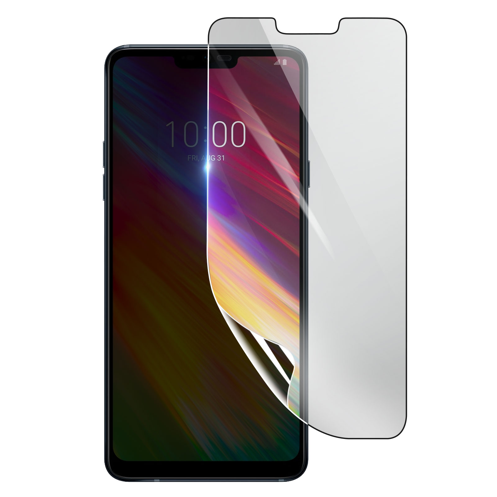 Uno smartphone con una protezione per lo schermo applicata. Il telefono mostra l'ora e la protezione è parzialmente staccata.
