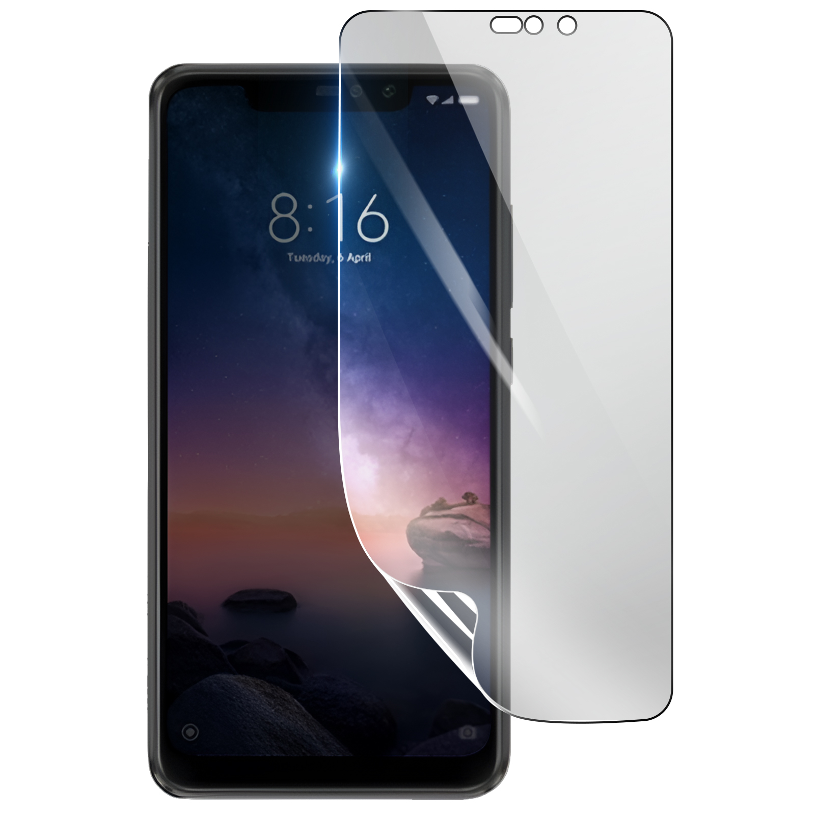 Uno smartphone con una protezione per lo schermo applicata. Lo schermo mostra le 8:16 e un paesaggio.