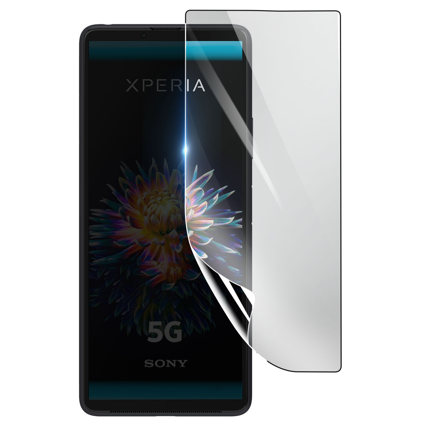 Telefono Sony Xperia con protezione schermo applicata. Il telefono mostra un fiore colorato e il logo 5G.