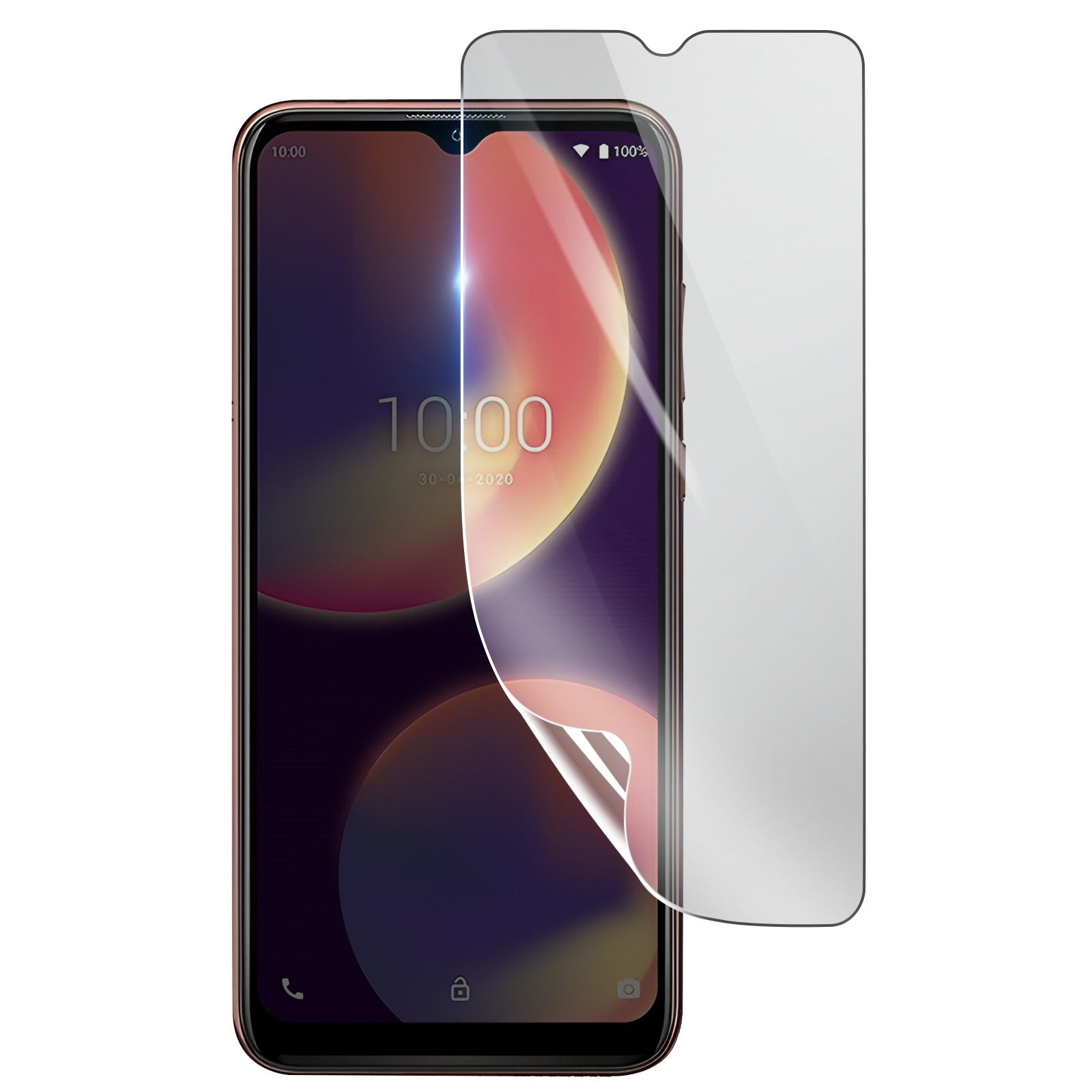 Uno smartphone con una protezione per lo schermo applicata. Il telefono è nero e mostra un orologio e una data. La protezione è trasparente.