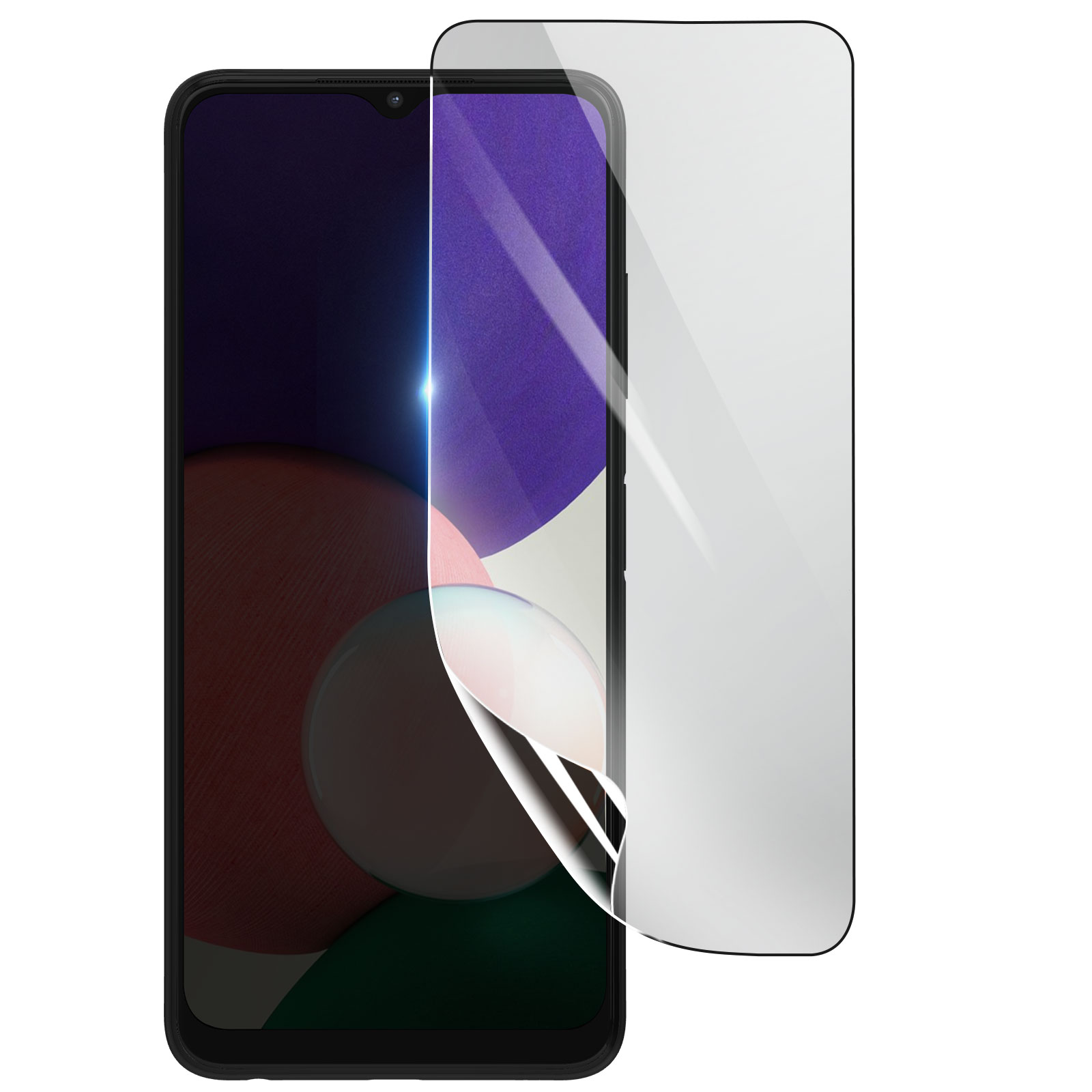 Uno smartphone con una protezione schermo in fase di rimozione. Lo schermo mostra forme astratte colorate.