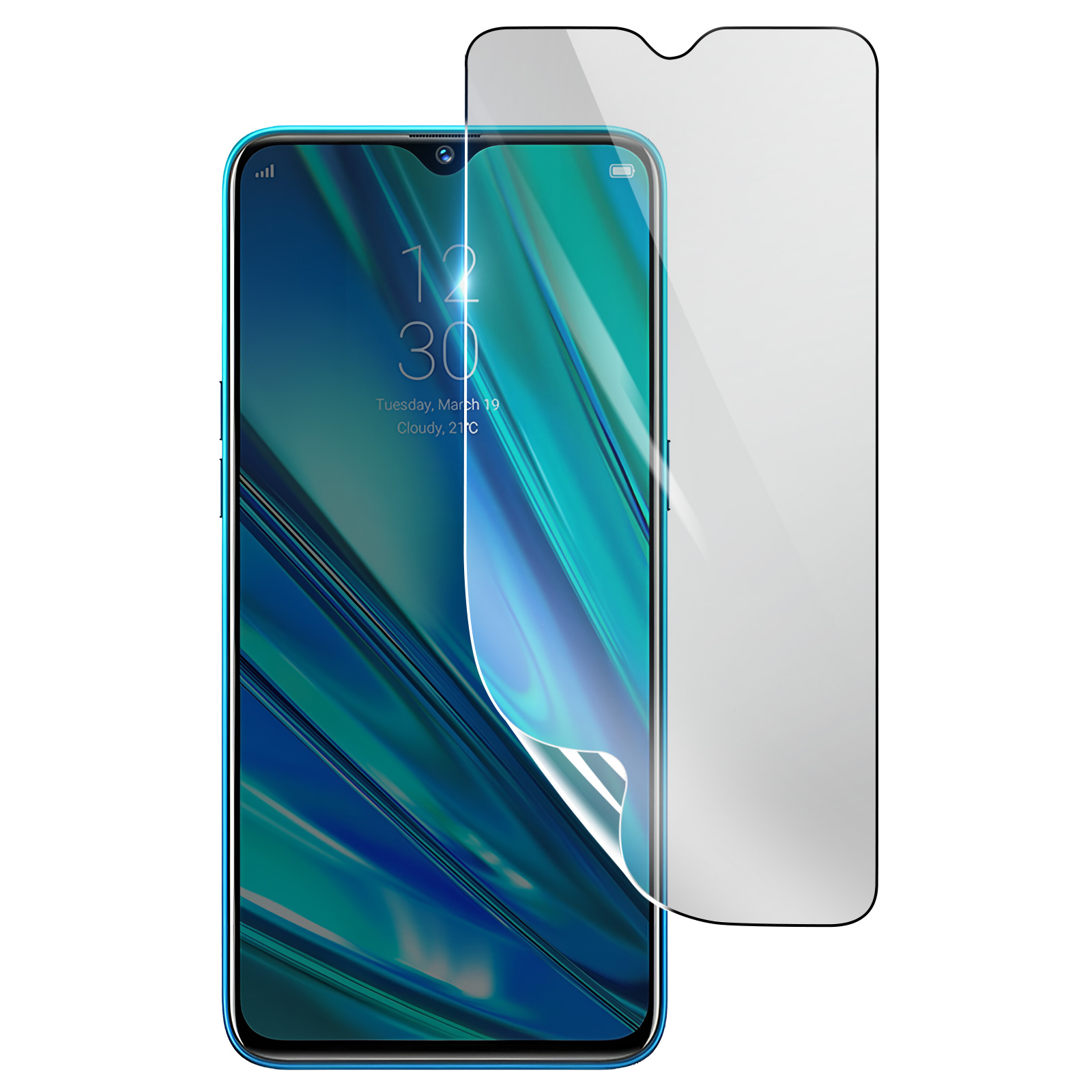 Uno smartphone blu con un proteggi schermo in applicazione. Lo schermo mostra ora e data. Sfondo bianco.