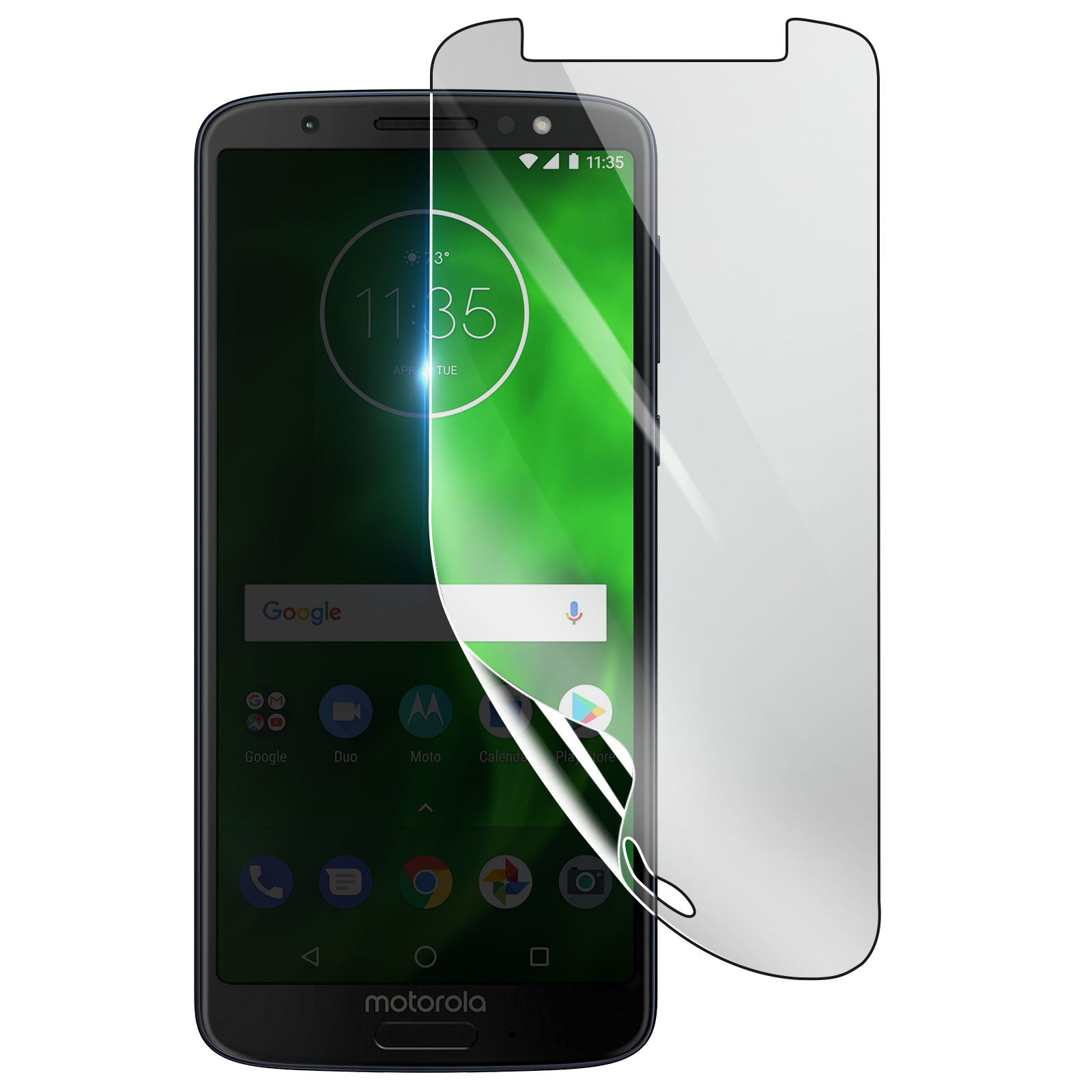 Un telefono Motorola con una protezione per lo schermo in fase di rimozione. Lo schermo mostra l'ora, la data e le icone delle app su sfondo verde.
