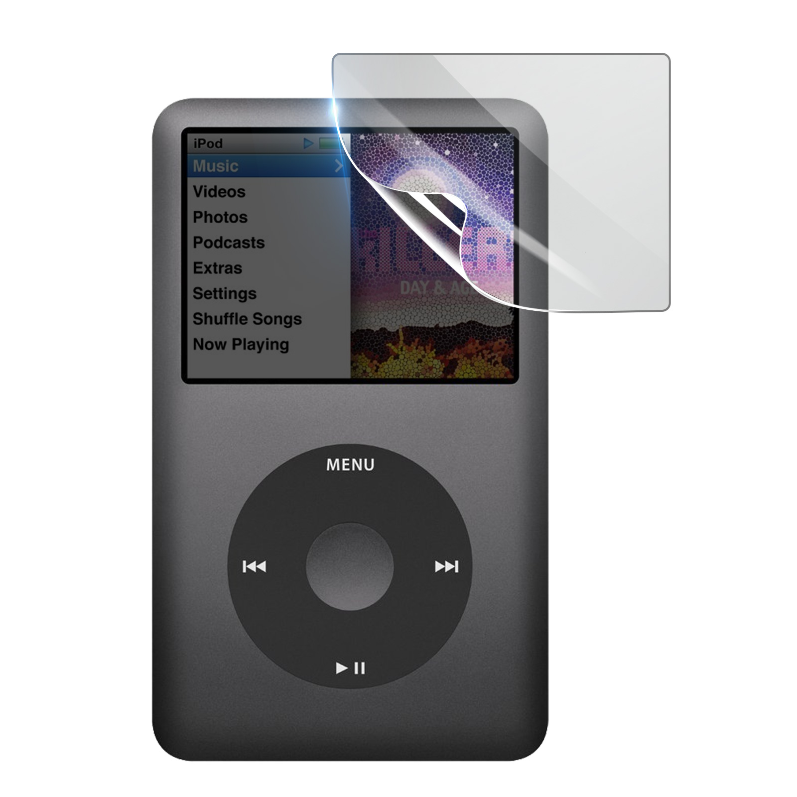 Un iPod con una protezione schermo parzialmente staccata. Lo schermo mostra opzioni musicali.